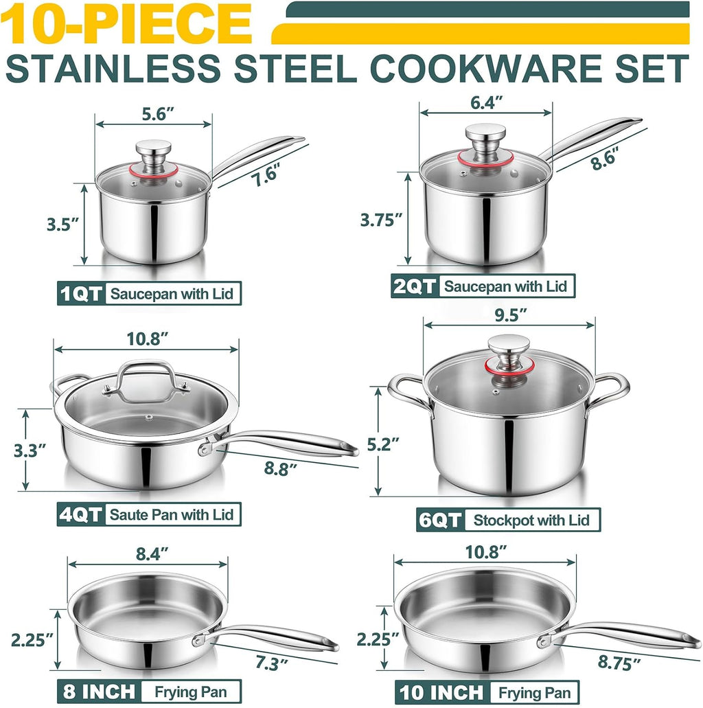 P&P CHEF 3-Ply Stainless Steel Cookware Set of 6, 10-Pieces Pots and Pans Sets Stainless Steel for Kitchen, Induction Multi Cooktops & Oven, Dishwasher Safe, Frying Pans, Saucepans, Saute Pan & Pot