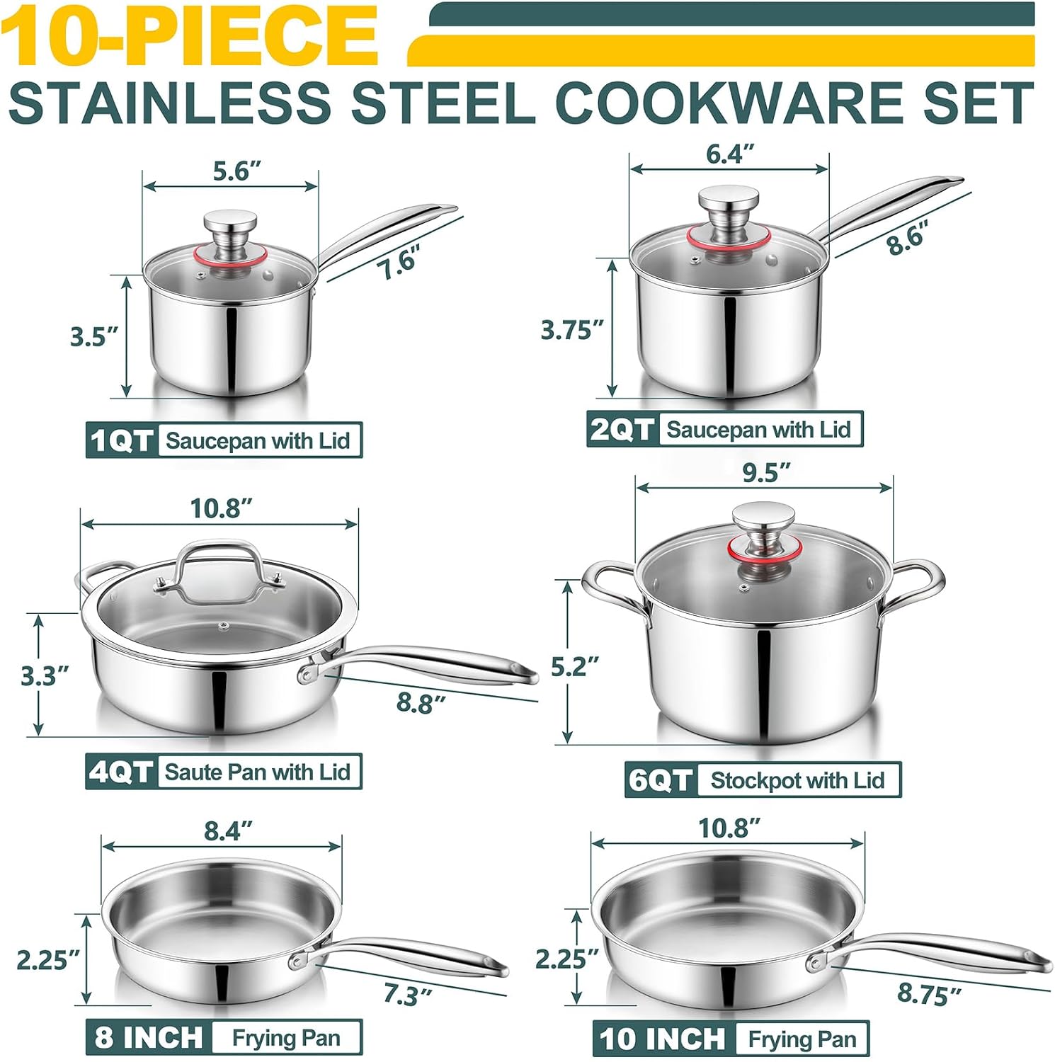 P&P CHEF 3-Ply Stainless Steel Cookware Set of 6, 10-Pieces Pots and Pans Sets Stainless Steel for Kitchen, Induction Multi Cooktops & Oven, Dishwasher Safe, Frying Pans, Saucepans, Saute Pan & Pot