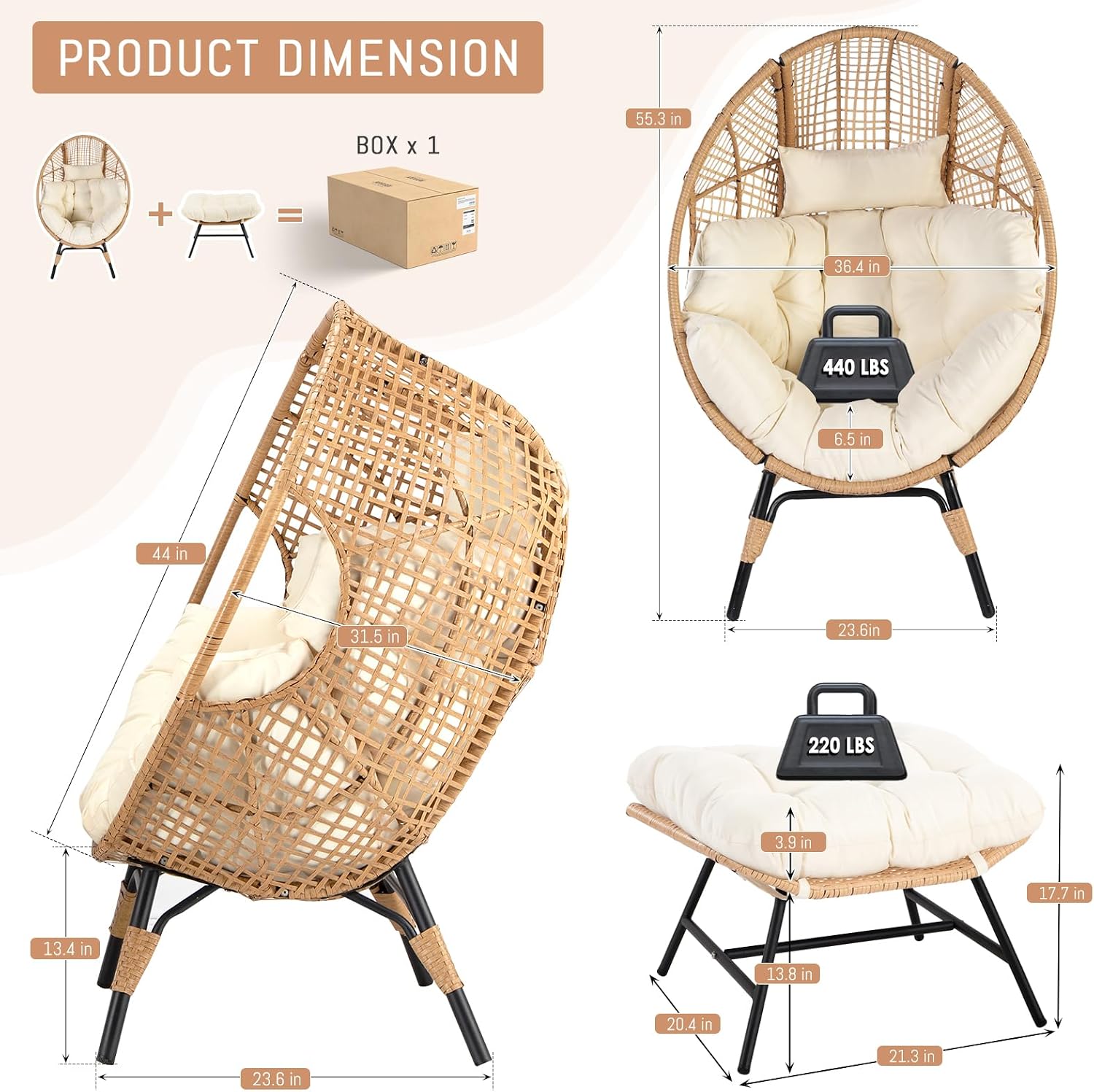 RADIATA Egg Chair with Footrest, Wicker Patio Lounger with Ottoman, Oversized Rattan Egg Shaped Chair with Leg for Indoor Outdoor Patio Balcony Garden (Beige)
