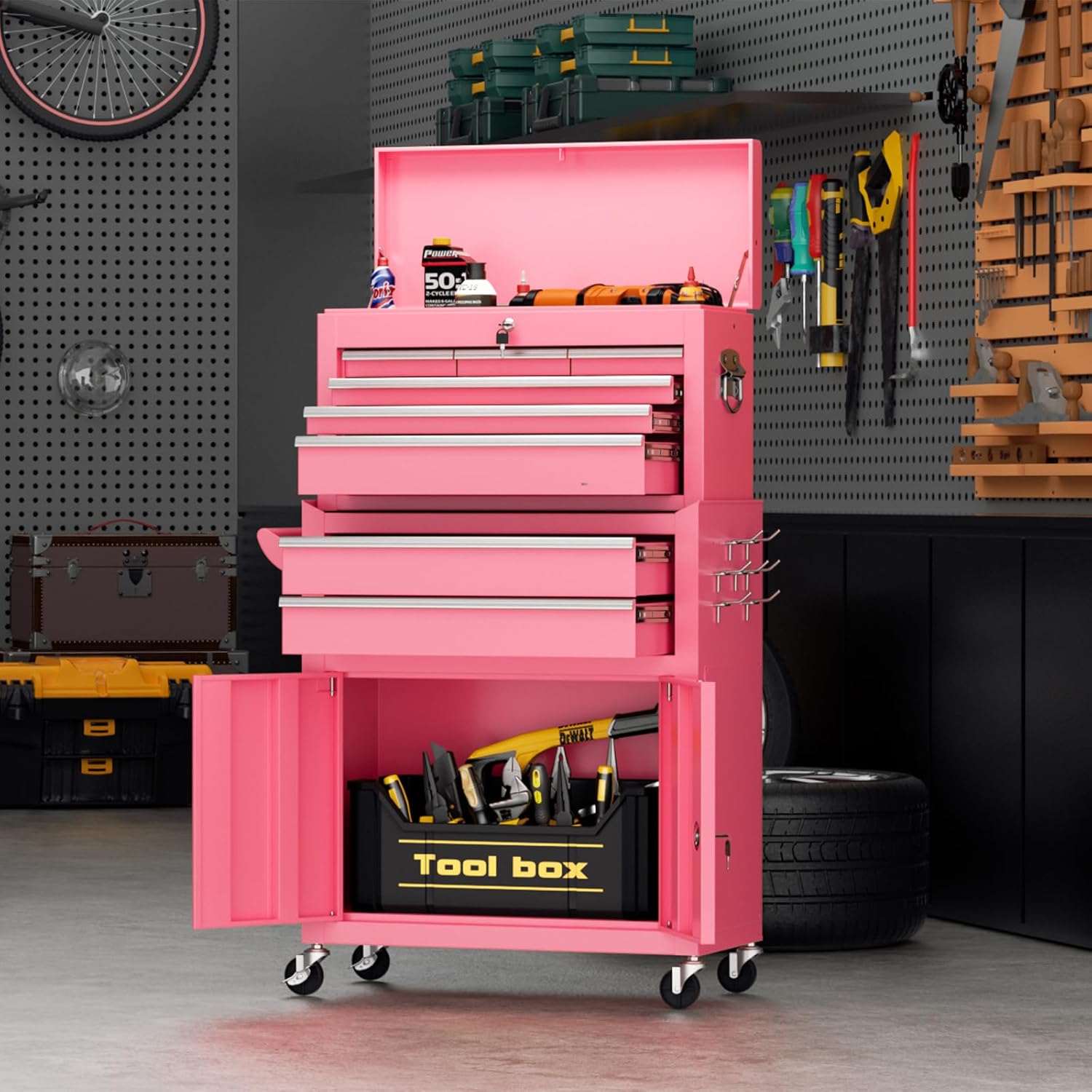 Crownland 8 Drawer Rolling Tool Chest with Wheels, Lockable 2 in 1 Detachable Tool Cabinet wit Drawers and Black Liners, Garage Top Toolbox and Bottom Storage Cart with Side Hooks,Pink