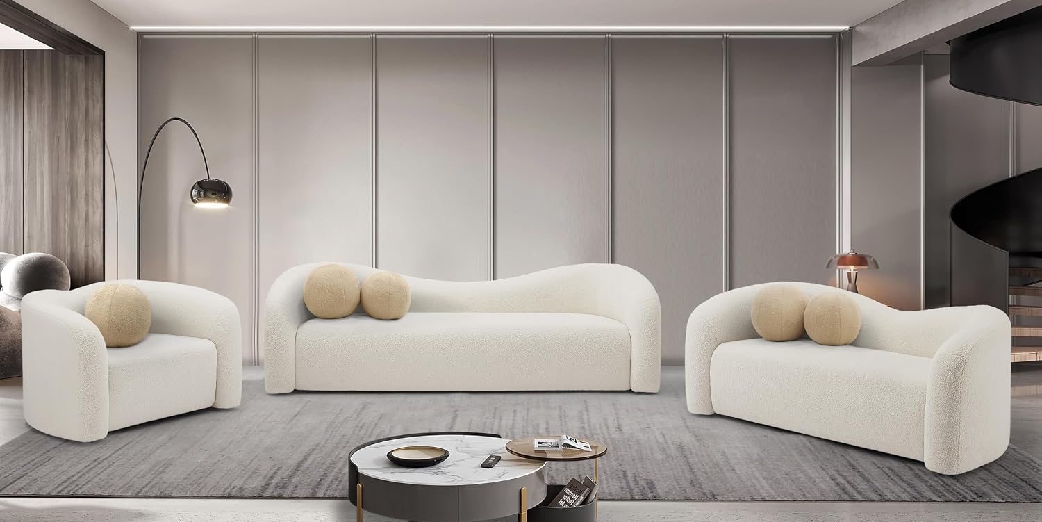 Meridian Furniture 186Cream-S Kali Collection Modern | Contemporary Sofa with Soft Cream Faux Shearling Teddy Fabric, Curved Back, 86' W x 33' D x 27' H, Cream