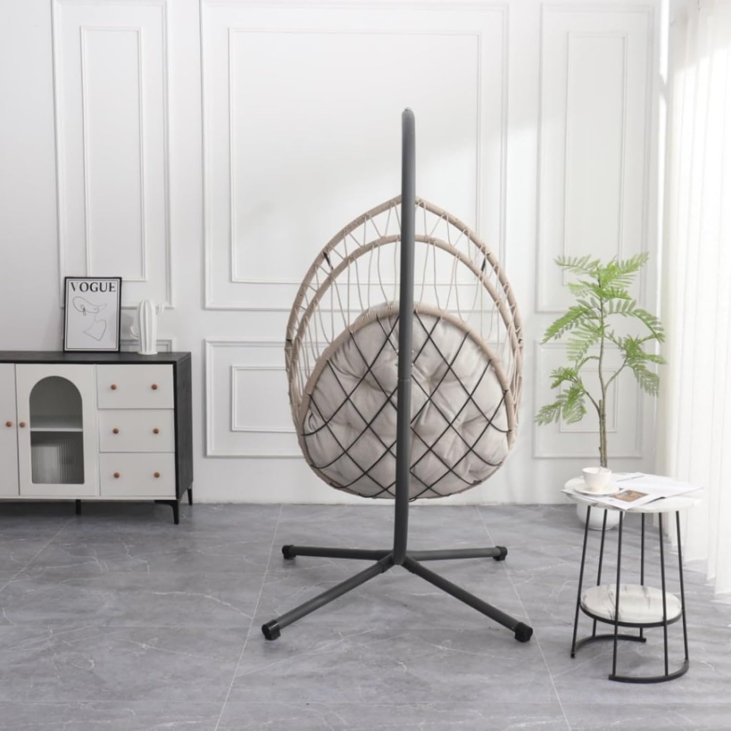 Outdoor Egg-Shaped Hanging Chair with Stand, Patio Wicker Swing, Indoor Rocking, Outdoor Hammock, Linen Gray