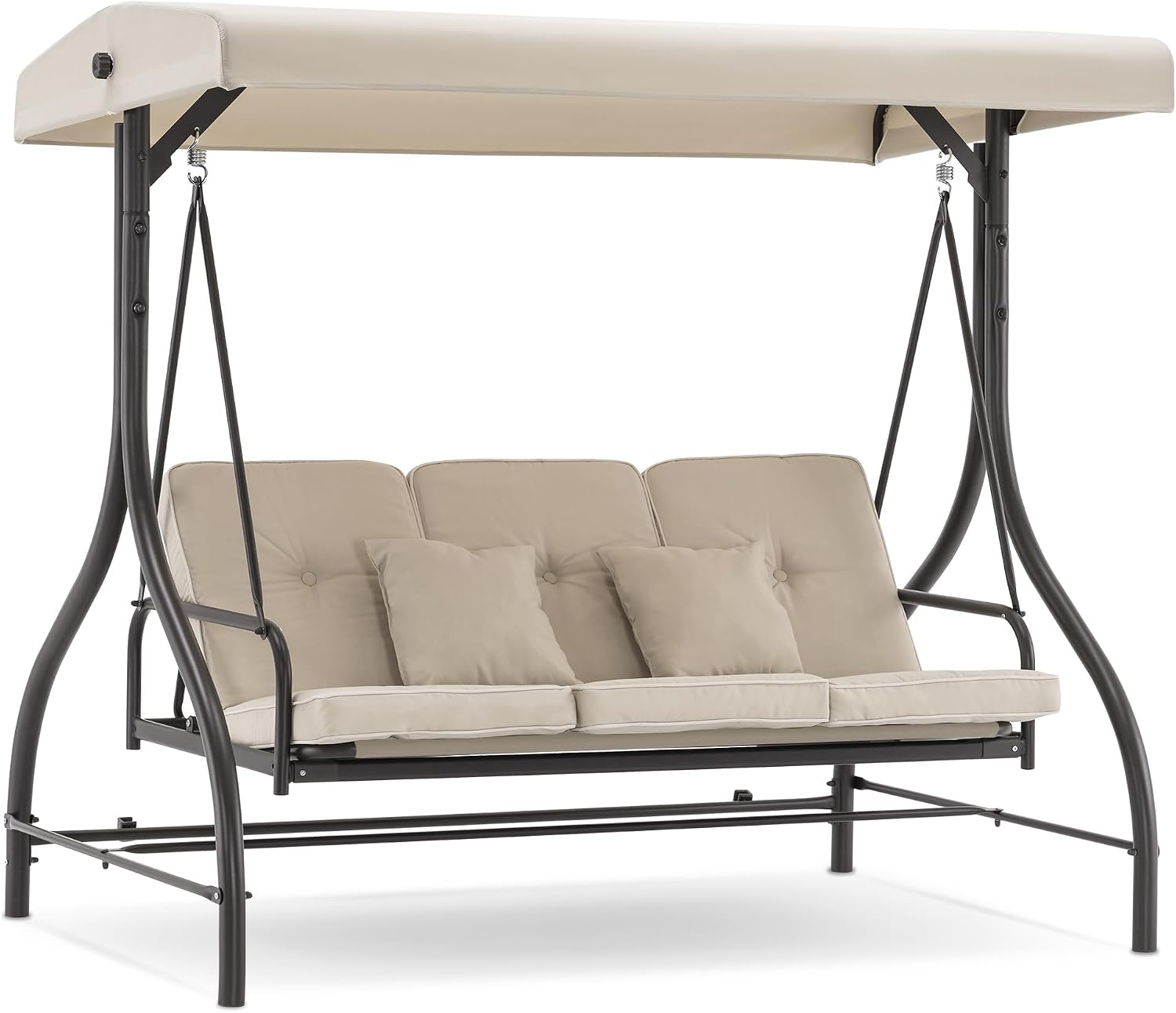 MCombo 3-Seat Outdoor Patio Swing Chair, 2-in-1 Convertible Porch Swing Glider Chair with Removable Cushions, Adjustable Canopy & Pillows for Backyard, Deck, Garden, 4068 (Beige)