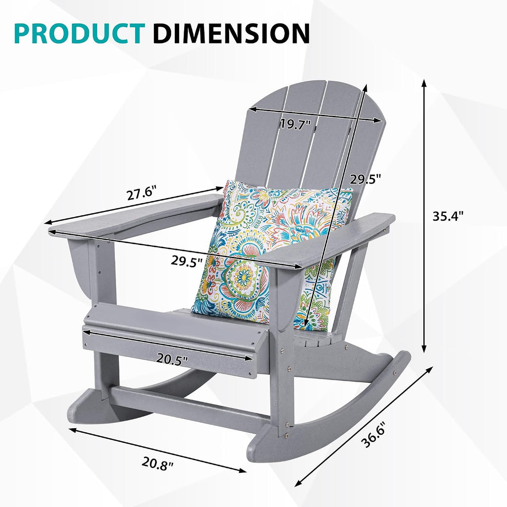 Sundale Outdoor Rocking Chair with Pillow, Patio Plastic All Weather Adirondack Rocker for Proch, Water Resistant for Outside, Garden, Pool, Yard, Grey