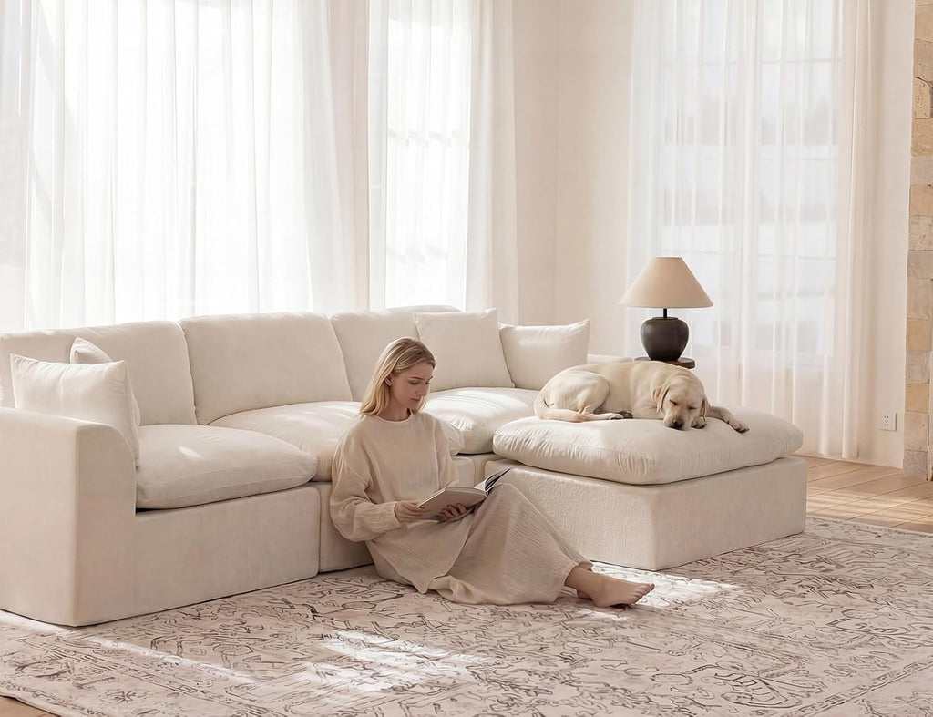 115' Modular Sectional Sofa, Modern Cloud Sectional Couch with Deep Seat, L-Shape Boneless Couch for Living Room,No Assembly Required,Warm White(3 Seater + 1 Ottoman)