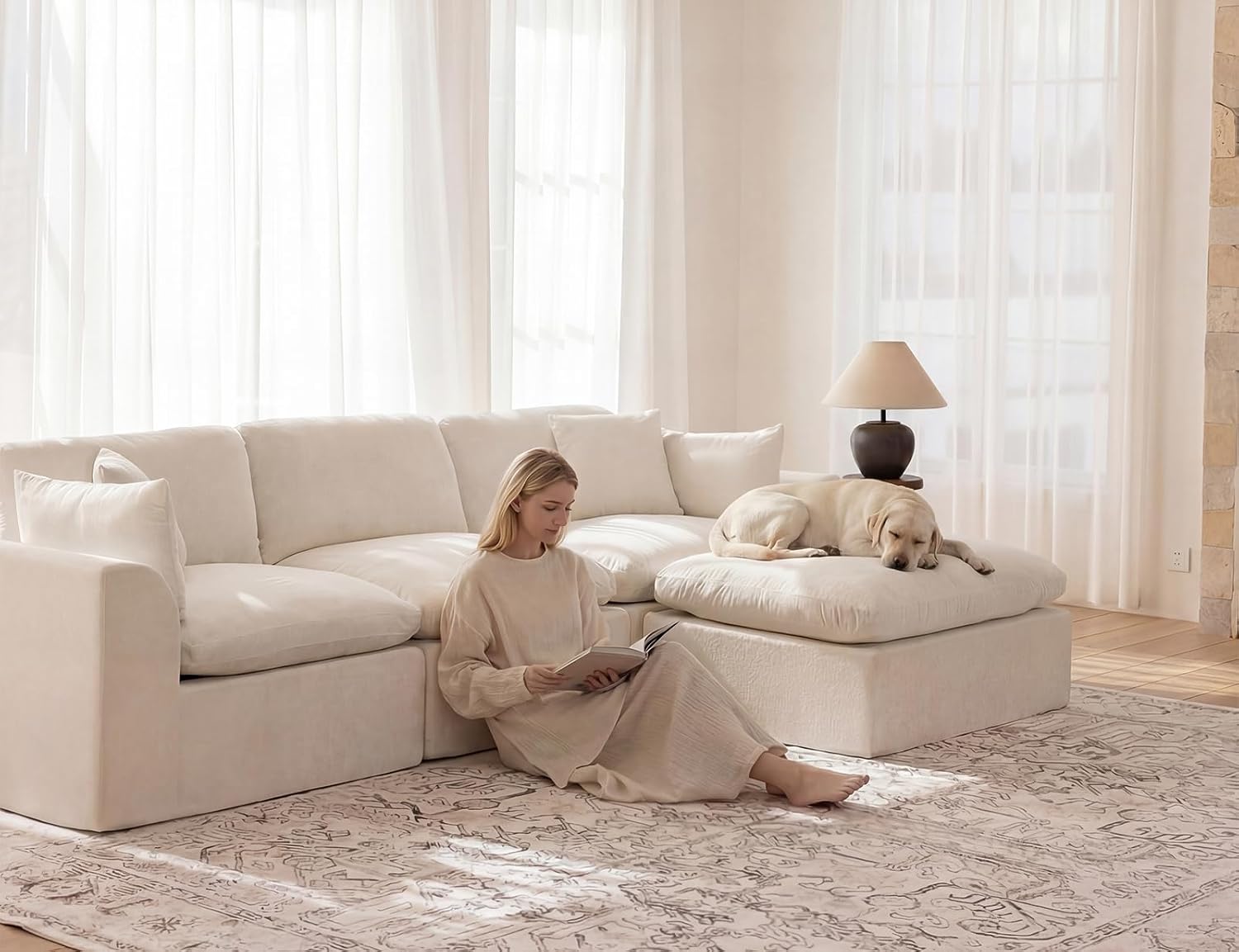 115' Modular Sectional Sofa, Modern Cloud Sectional Couch with Deep Seat, L-Shape Boneless Couch for Living Room,No Assembly Required,Warm White(3 Seater + 1 Ottoman)