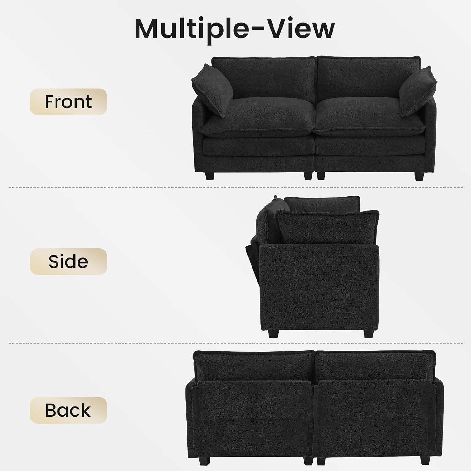 ROWHY Modular Loveseat Sectional Sofa, 78' Upholstered Loveseat, 2 Deep Seat Sofa Couch with 2 Throw Pillows for Small Space, Modern Comfy Cloud Couch for Living Room, Chenille, Black