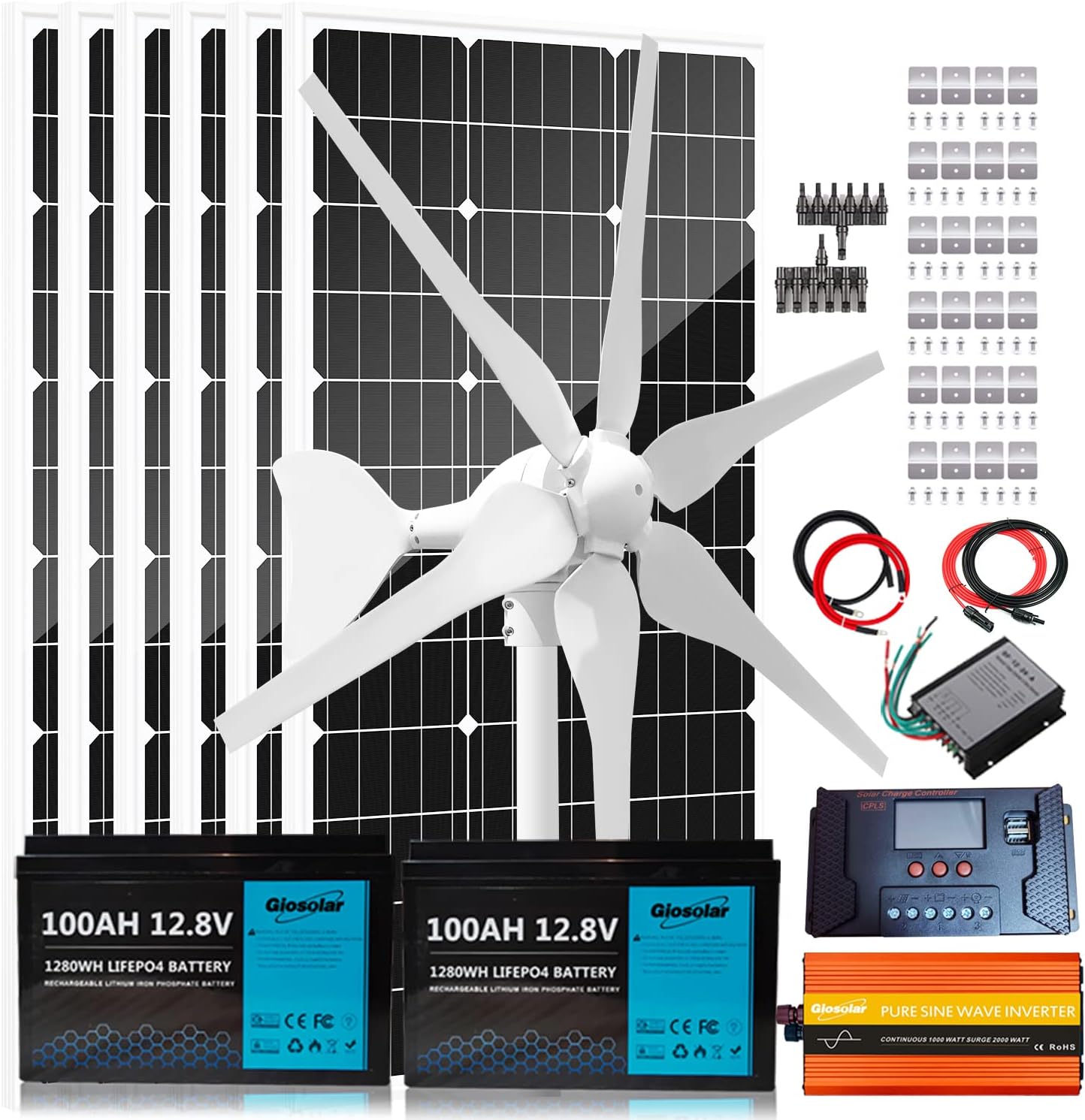 1000W 12V Wind Solar Kit Complete Off Grid System with 2 * 100ah Lifepo4 Battery & 3000W Power Inverter -400W Wind Turbine Generator + 600W Solar Panels