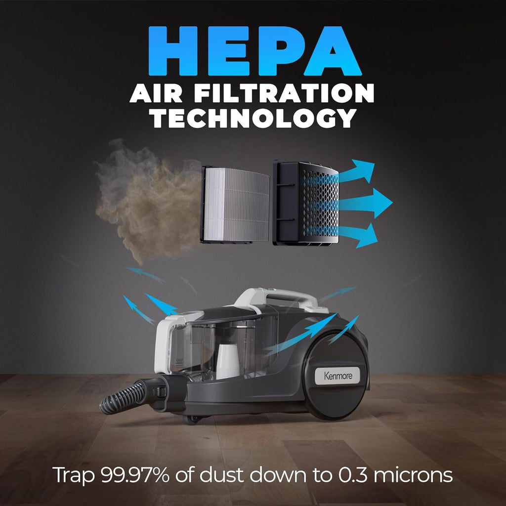 Kenmore DC5070.01 Upgrade 500 Series Bagless Canister Vacuum with Hair Eliminator Brushroll，2-Motor Cyclonic Technology, HEPA Filtration & 24' Auto Cord Rewind for Pet, Carpets, Hard Floors, Stairs