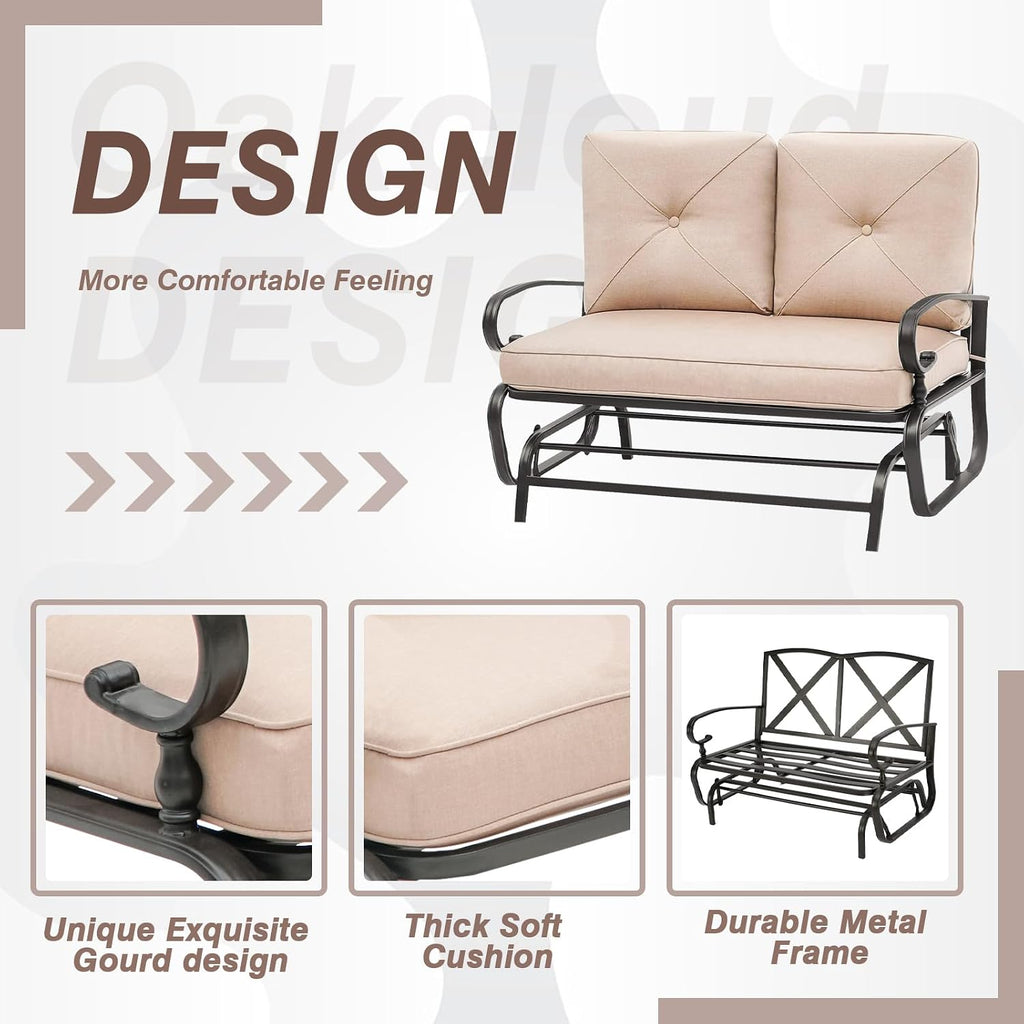 Outdoor Glider Rocking Bench 2 Person Patio Loveseat Steel Frame Furniture Set for Patio, Garden, Yard, Porch with Resistant Cushions (Brown)