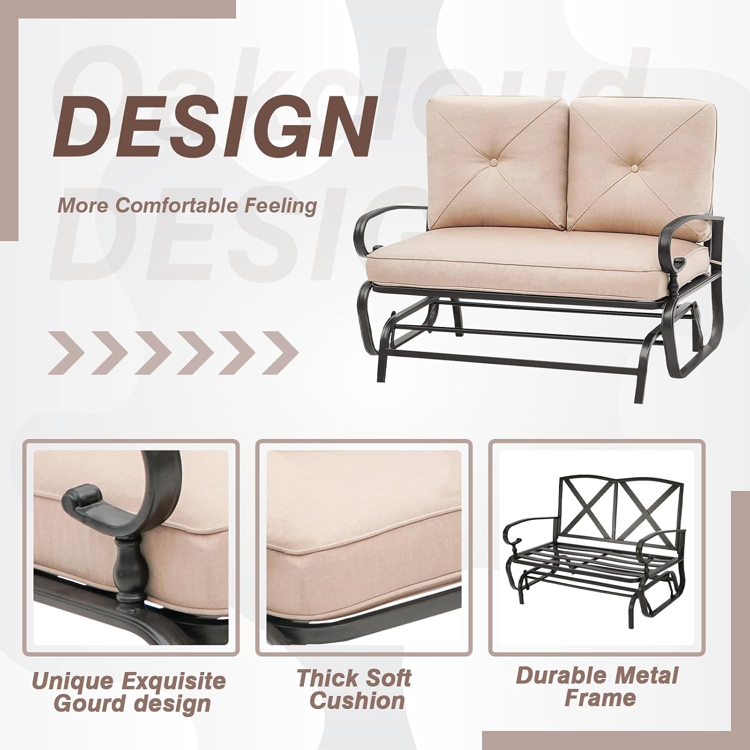 Outdoor Glider Rocking Bench 2 Person Patio Loveseat Steel Frame Furniture Set for Patio, Garden, Yard, Porch with Resistant Cushions (Brown)