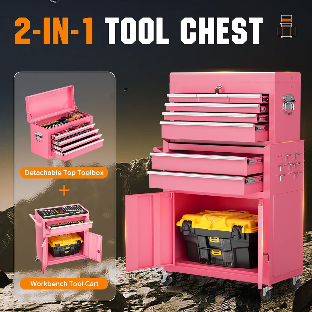 Crownland 8 Drawer Rolling Tool Chest with Wheels, Lockable 2 in 1 Detachable Tool Cabinet wit Drawers and Black Liners, Garage Top Toolbox and Bottom Storage Cart with Side Hooks,Pink