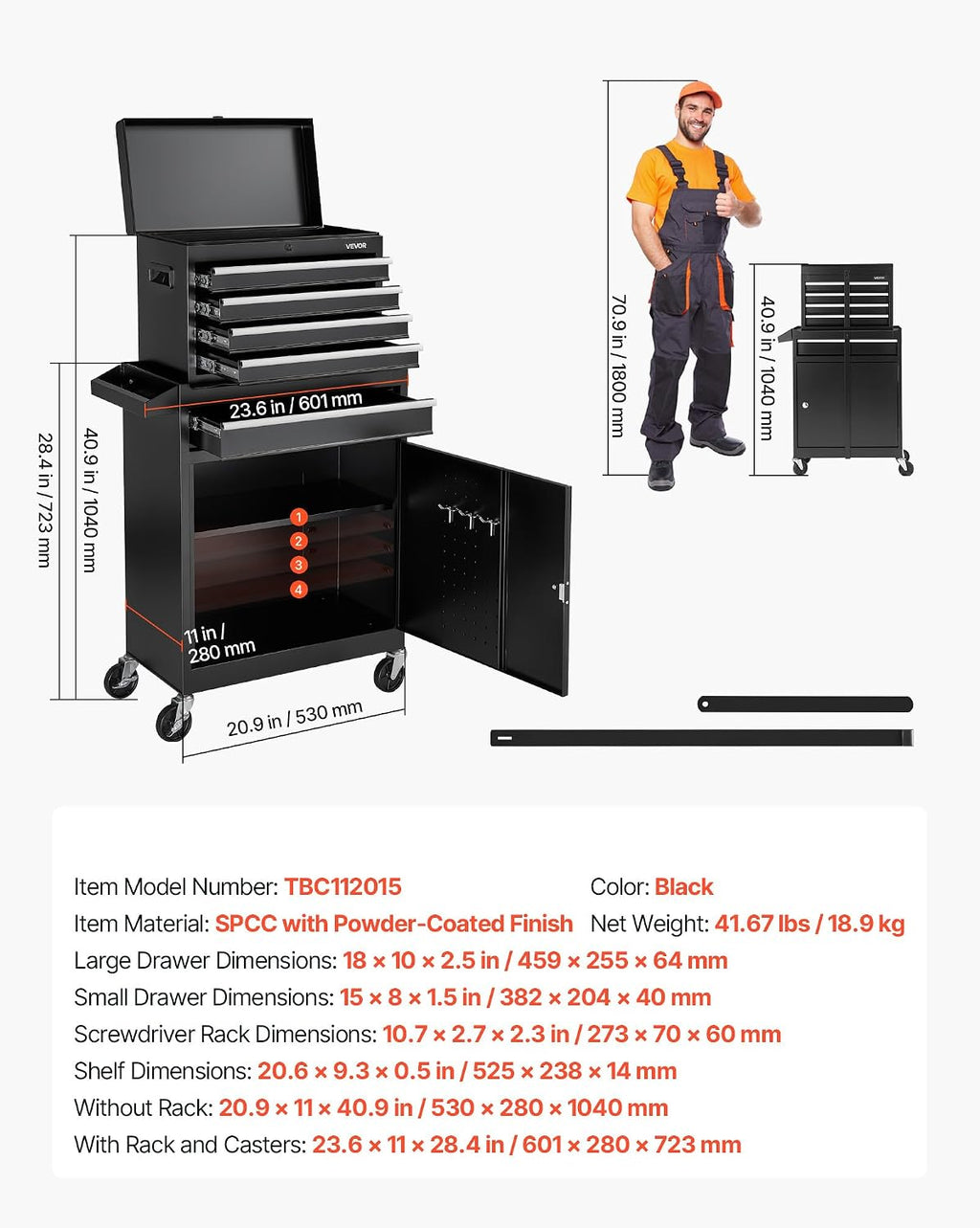 VEVOR Rolling Tool Chest, 2-in-1 Design, 5 Drawers Tool Cabinet Organizer with Detachable Top Metal Toolbox, Lock Bar, Protective Liner, and Tools Rack, Garage Storage Cabinet for Warehouse, Workshop