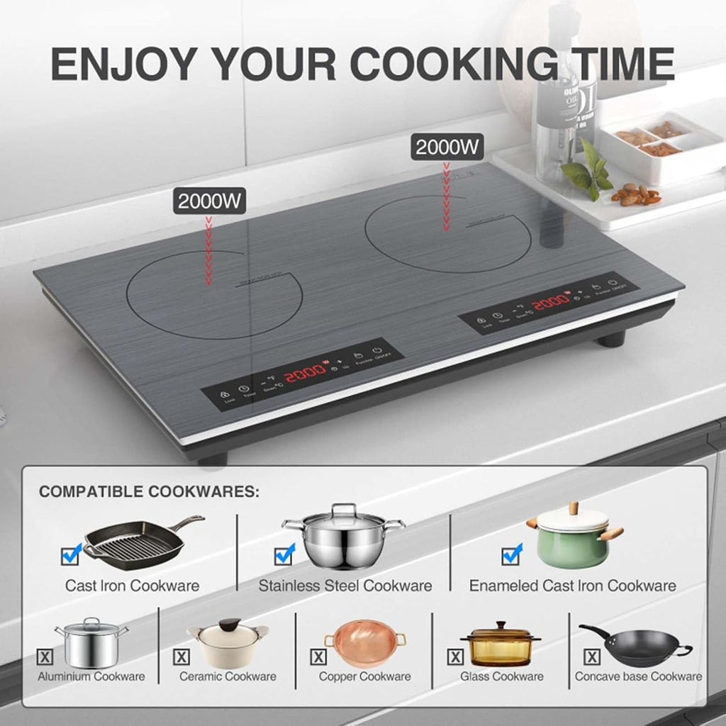 23.6Inch Portable Induction Cooktop with 2 Burners, 9 Power Levels (2000W*2), Timer (1Min-180Mins)/Child Lock-Over-Heat Protection-Sensor Touch