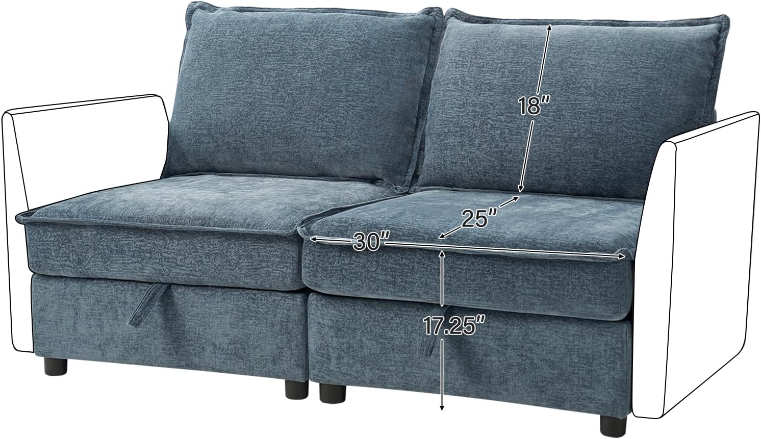 HULALA HOME Modern Middle Module for Sectional Sofa Couch, Armless Loveseat Sofa, 2 Seat Included, Blue