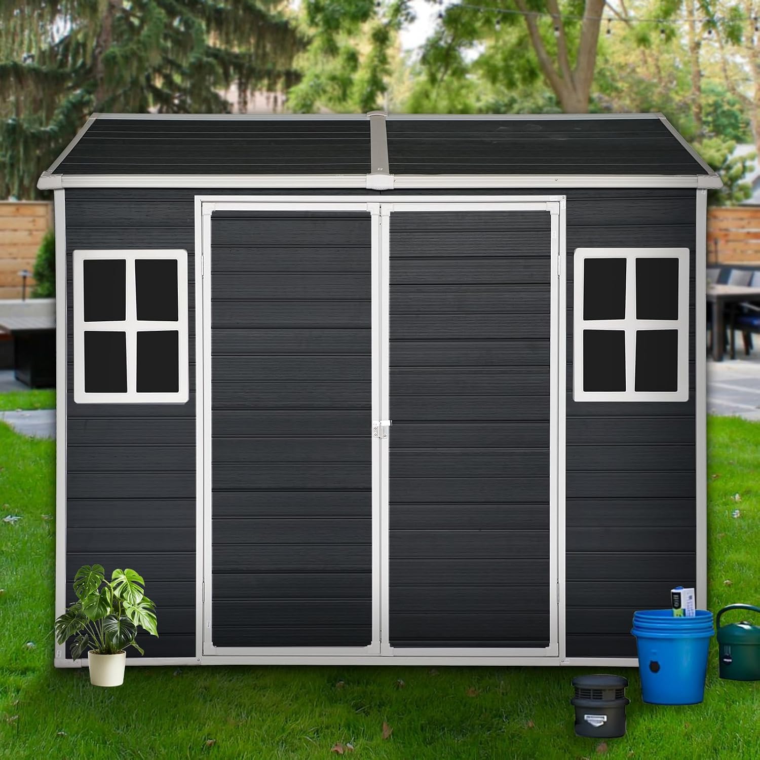 Outdoor Resin Garden Shed with Double Doors, Floor and 2 Windows, Plastic Patio Outdoor Storage Shed with Lockable Door for Garden Tools, Bicycles, Trash Cans