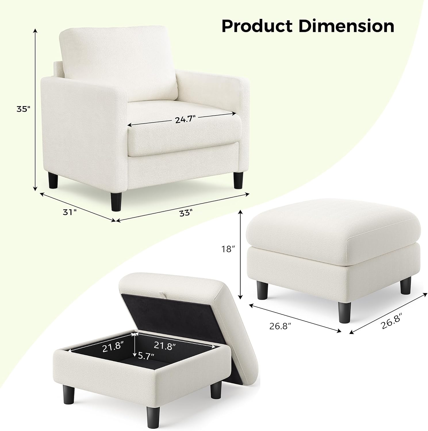 Welzona Sofa Accent Chair with Ottoman, 33' Reading Chair and Ottoman Set for Bedroom, Tool-Free Setup Living Room Accent Chairs, Comfy Arm Chairs Living Room, All-Wood Reading Nook, Beige