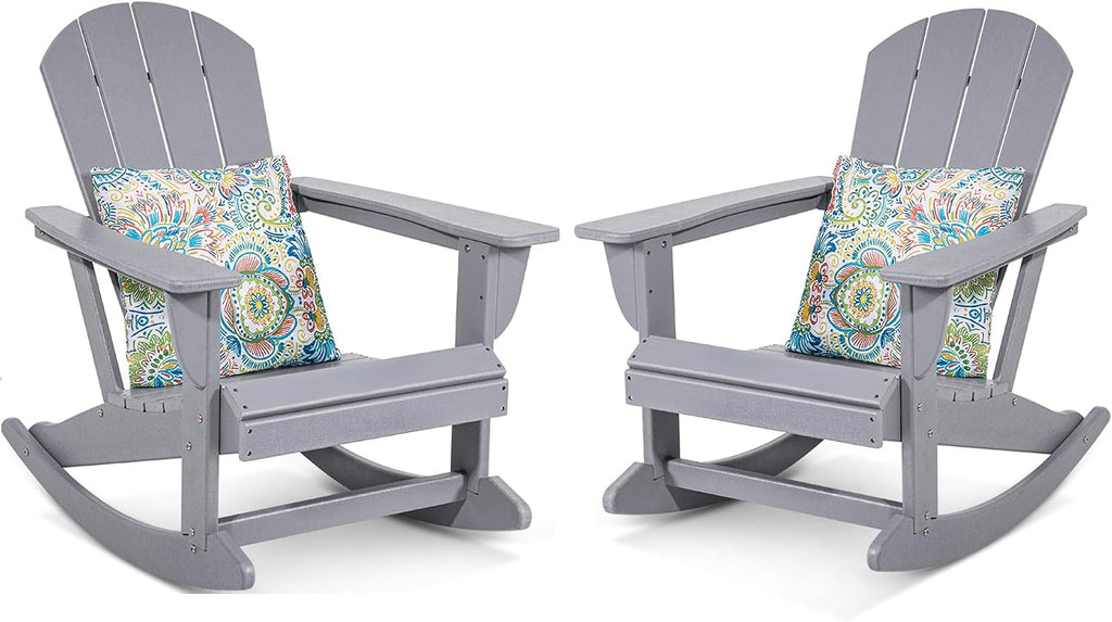 Sundale Outdoor Rocking Chair Set of 2 with Pillow, Patio Plastic All Weather Adirondack Rocker for Proch, Water Resistant for Outside, Garden, Pool, Yard, Grey