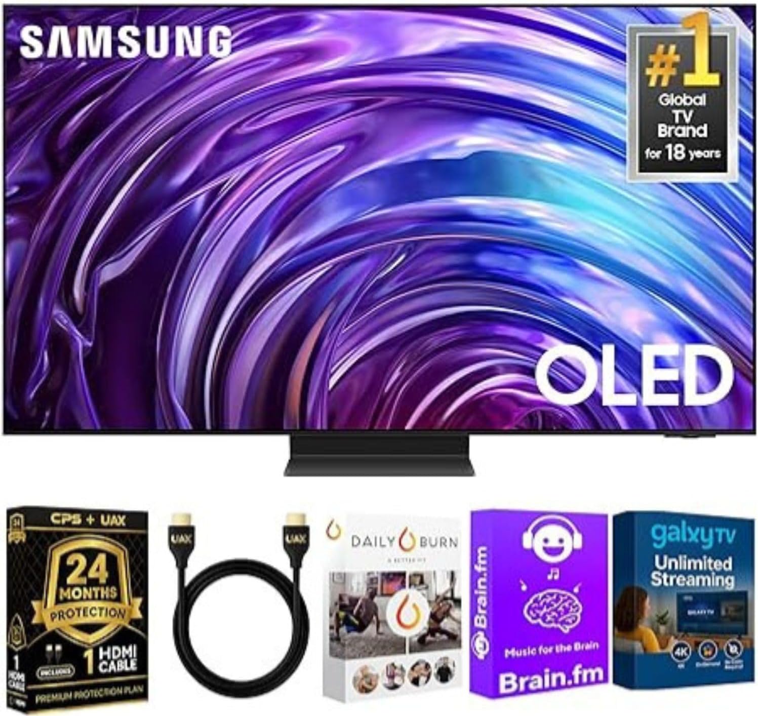 Samsung 55-Inch S95D OLED 4K Smart TV, Dolby Atmos, HDR10+, Motion Xcelerator 144Hz, Slim Metal Design, 4K AI Upscaling, Alexa Built-in, Includes 2-Year Warranty, AUX HDMI Cable & Streaming Bundle
