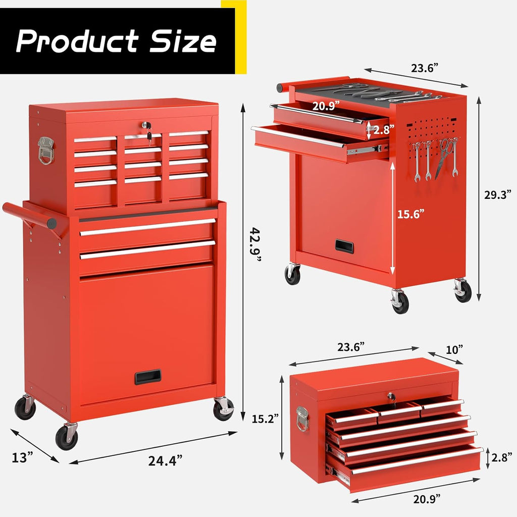 On Shine 8 Drawer Rolling Tool Chest, Large Capacity Rolling Tool Box with Wheels, Locking Mechanical Tool Chest, Portable Tool Box with Sliding Drawers for Garage Workshop and Tool Room (Red)