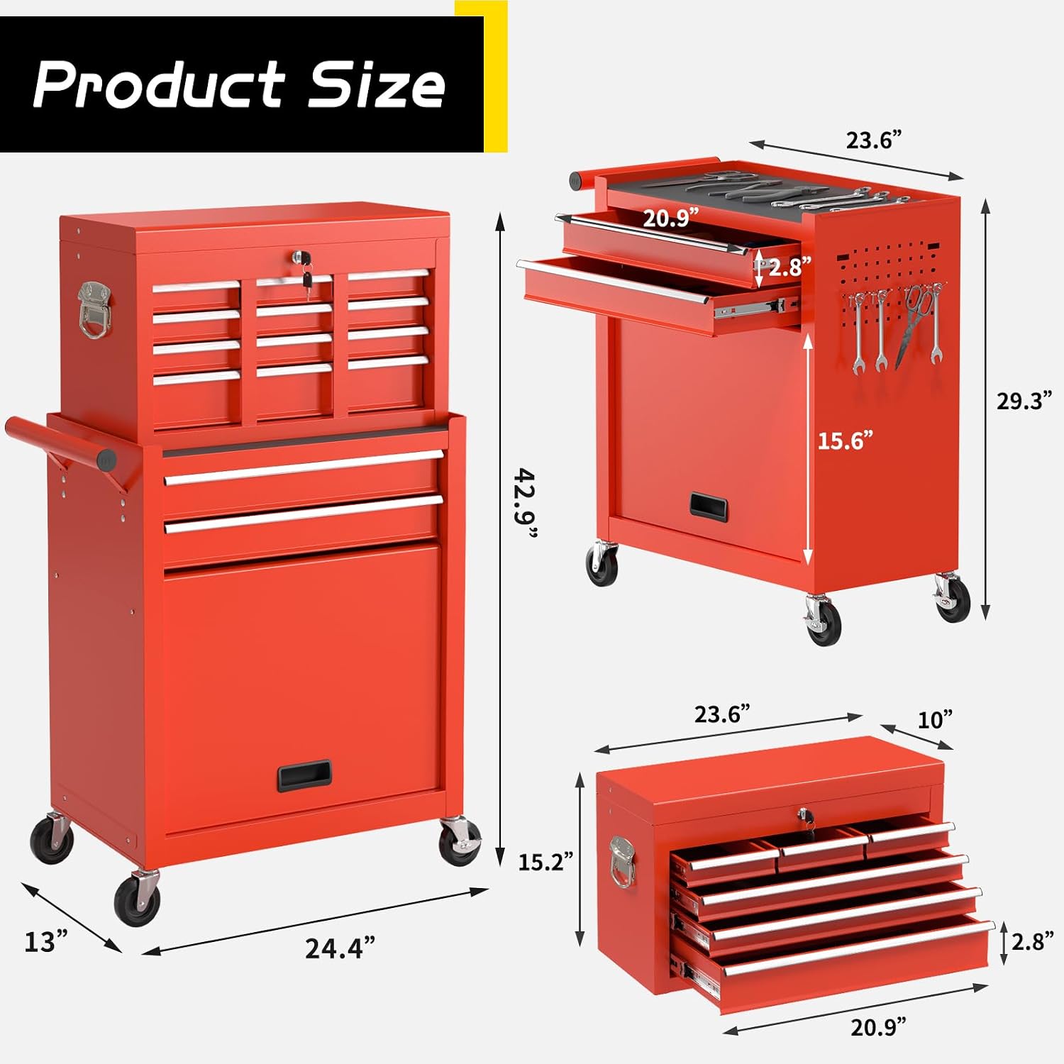 On Shine 8 Drawer Rolling Tool Chest, Large Capacity Rolling Tool Box with Wheels, Locking Mechanical Tool Chest, Portable Tool Box with Sliding Drawers for Garage Workshop and Tool Room (Red)