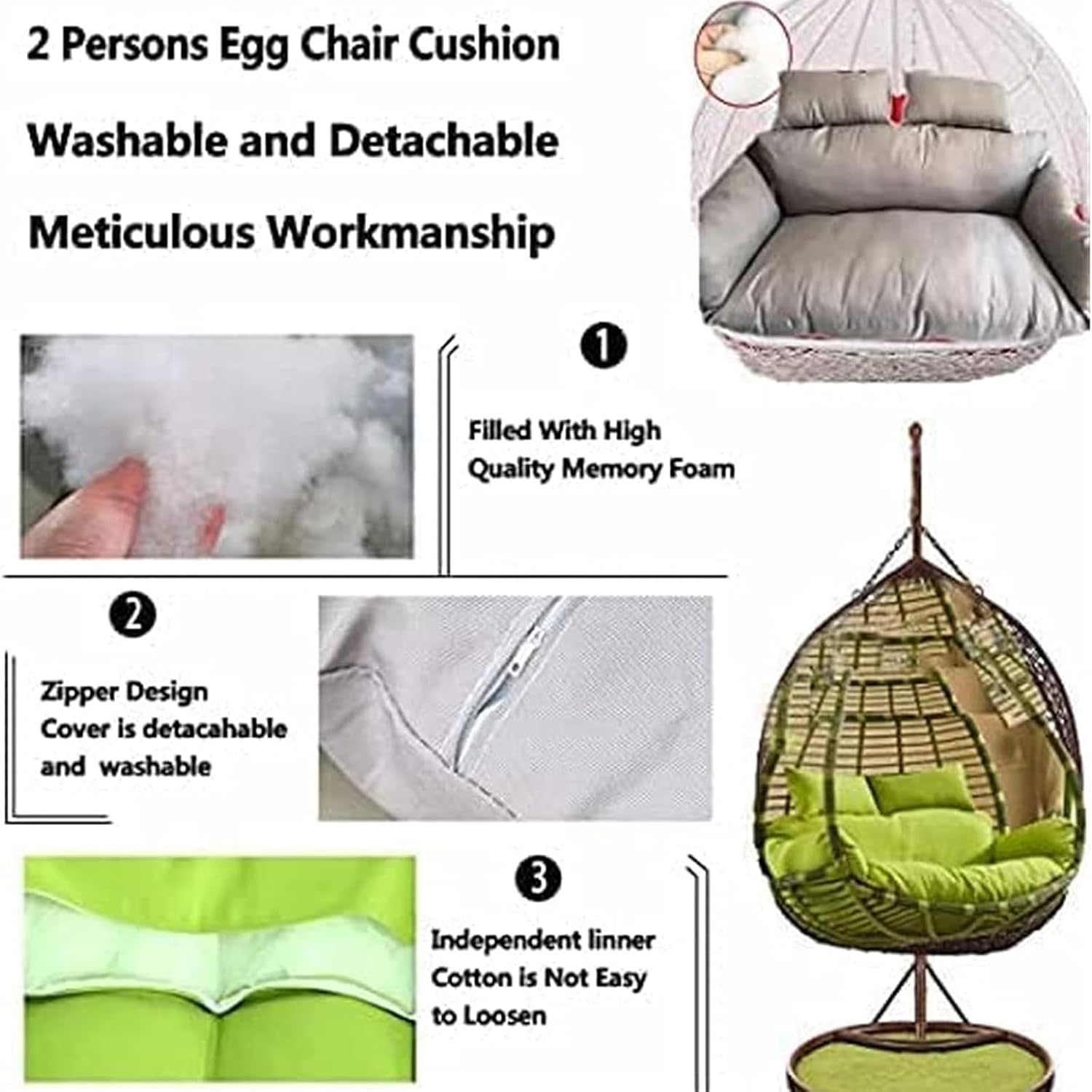 Outdoor Cushions for Hanging Chairs, Washable Round Seat Pads, 2-Person Rattan Hammock Replacement Cushions, Comfort & Style for Patio Rocking Chairs,Wei?-Cotton