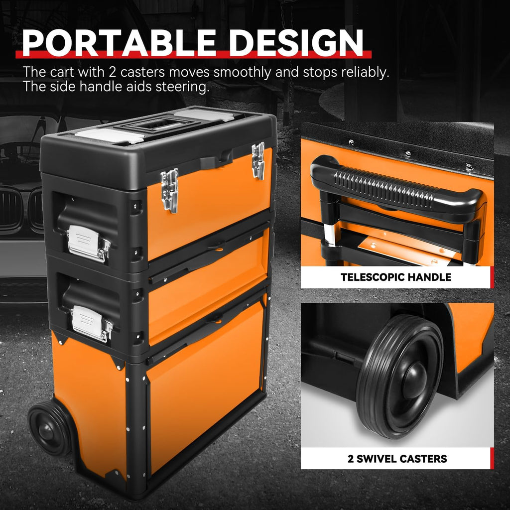 Auto Dynasty Stackable Tool Box 3-Tier Tool Separate Organizer Rolling Tool Chest with Wheels 3-in-1 Upright Trolley for Garage or Workshop, Orange