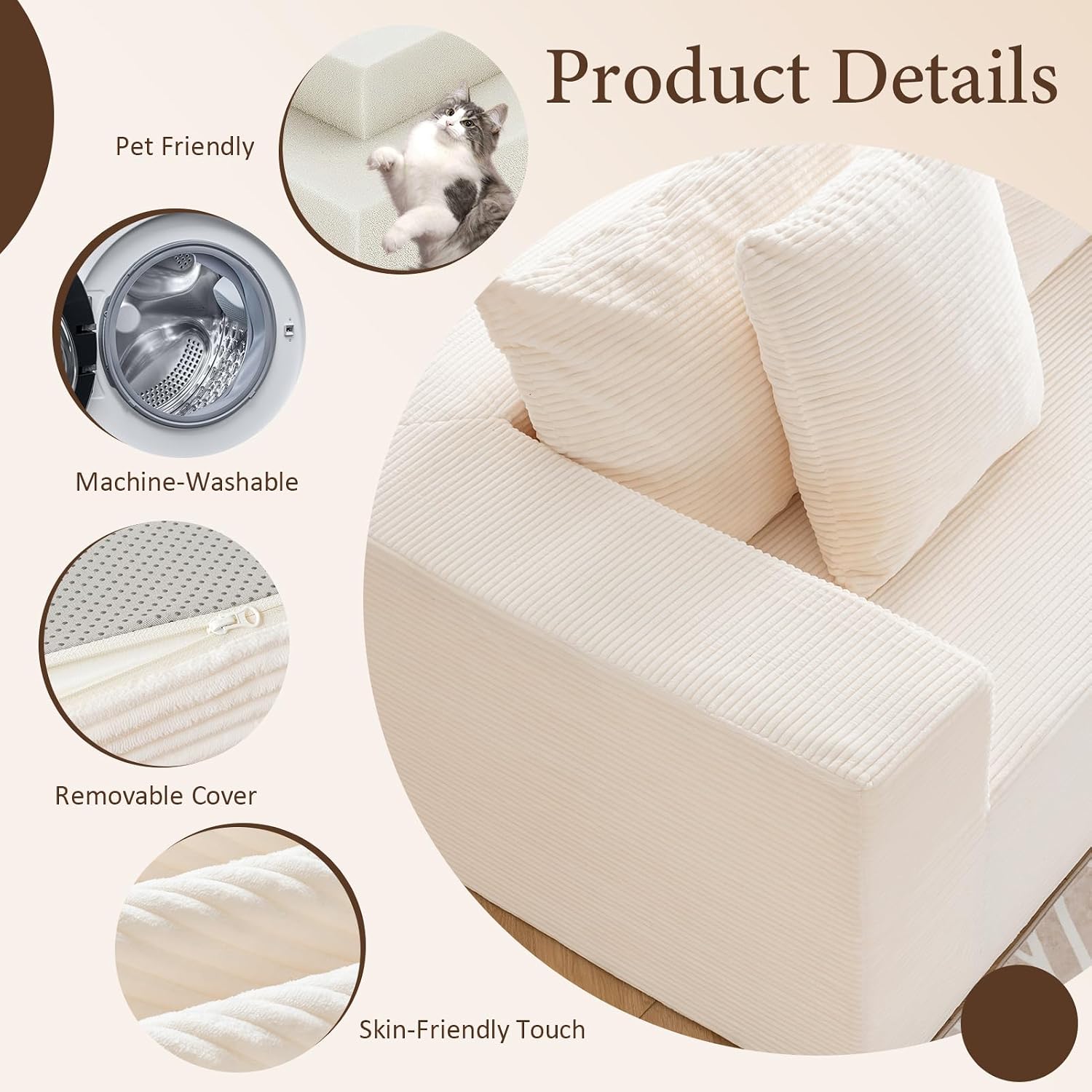 INGEROOM 108' Cloud Sectional Couch with L-Shape Chaise, Modular Sofa Memory Foam, Boneless Sofa with Movable Ottoman, Upholstered Couches for Living Room Bedroom, No Assembly Required, Beige