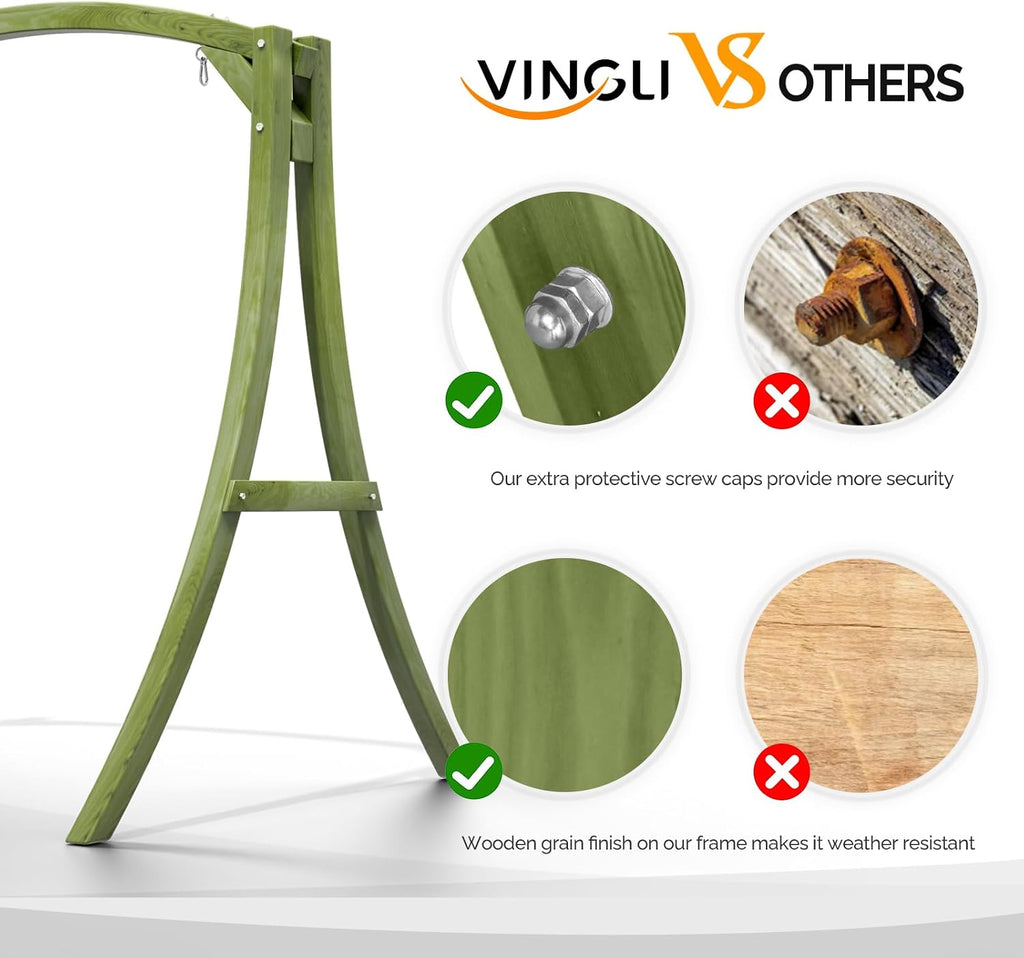 VINGLI 6.7FT Porch Swing Frame, 1000LBS Heavy Duty A-Frame Wooden Porch Swing Stand with Curved Arc Top for 5FT Porch Swing, Large Swing Hanger for Garden, Patio, Backyard & Indoor, Green
