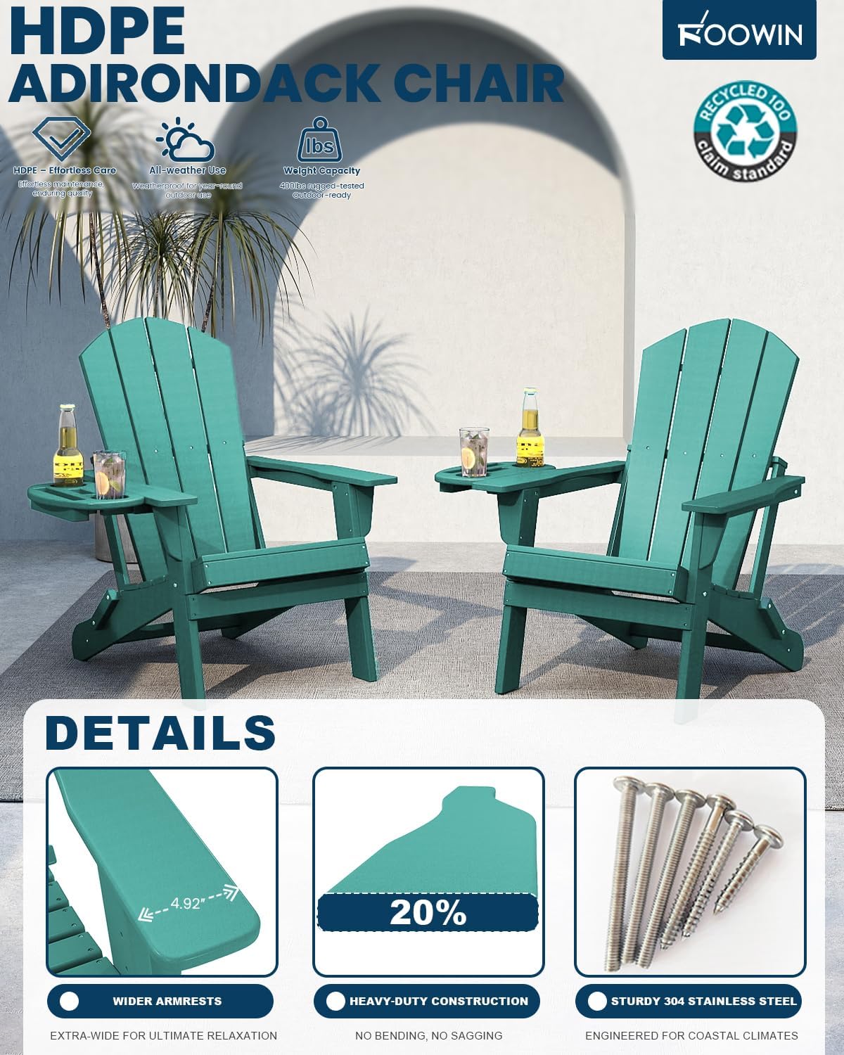 FOOWIN Folding Adirondack Chair Set of 4, HDPE Adirondack Chairs with Cup Holder, Weather Resistant Plastic Fire Pit Chairs for Outdoor, Patio, Lawn, Garden, Backyard, Deck, Lake Blue