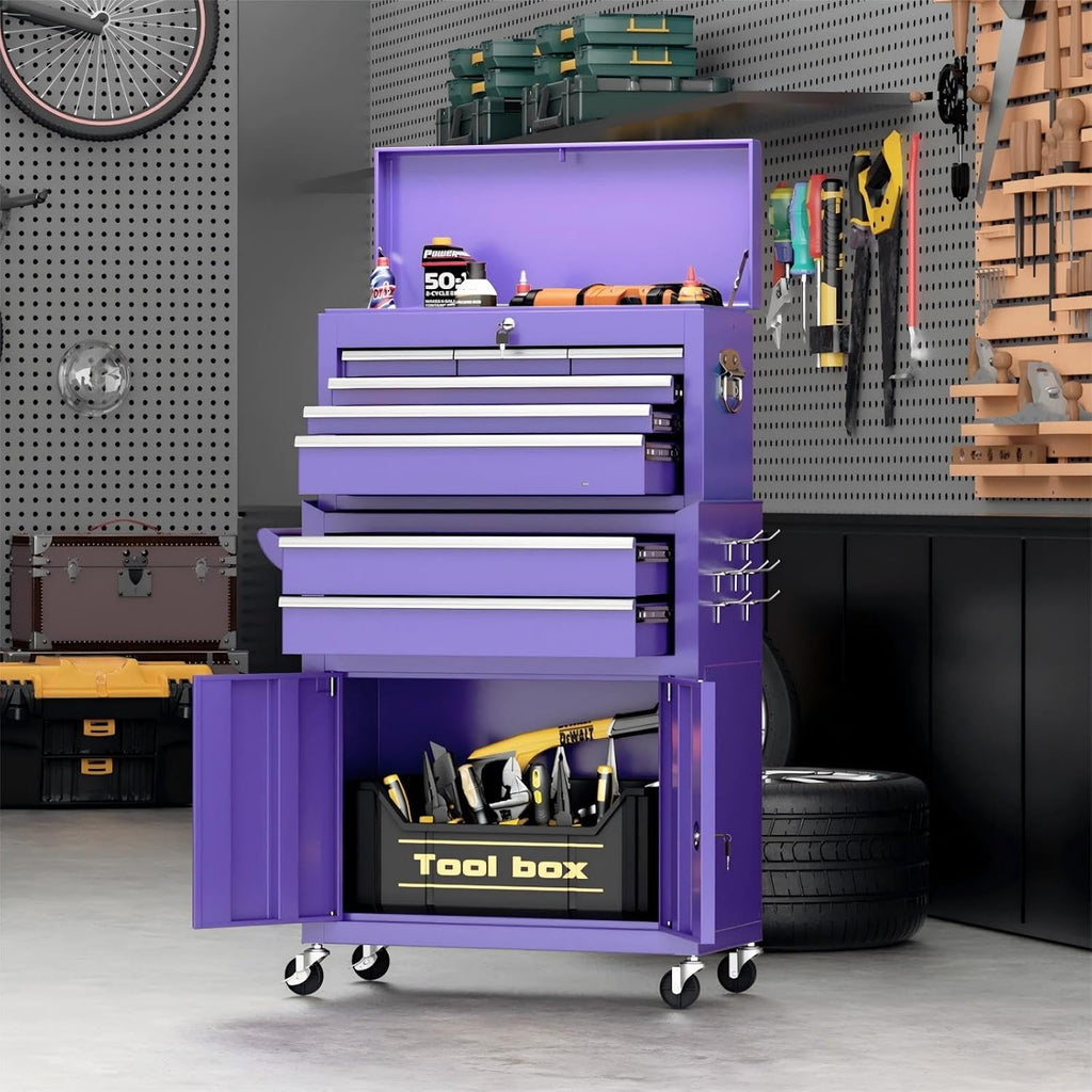 Crownland 8-Drawer Rolling Tool Chest with Wheels, Lockable 2 in 1 Detachable Tool Cabinet wit Drawers and Side Hooks, Garage Top Toolbox & Bottom Storage Cart(Purple)