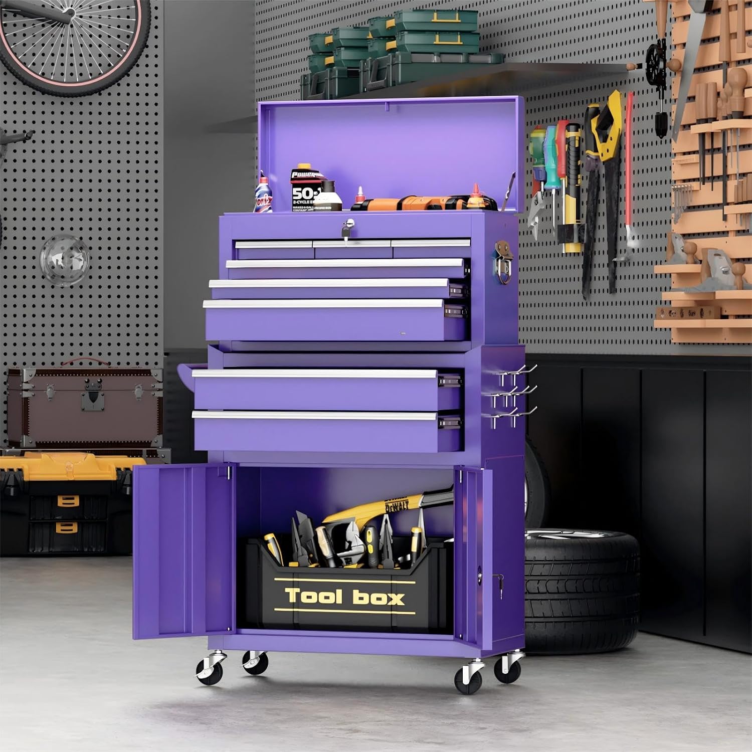 Crownland 8-Drawer Rolling Tool Chest with Wheels, Lockable 2 in 1 Detachable Tool Cabinet wit Drawers and Side Hooks, Garage Top Toolbox & Bottom Storage Cart(Purple)