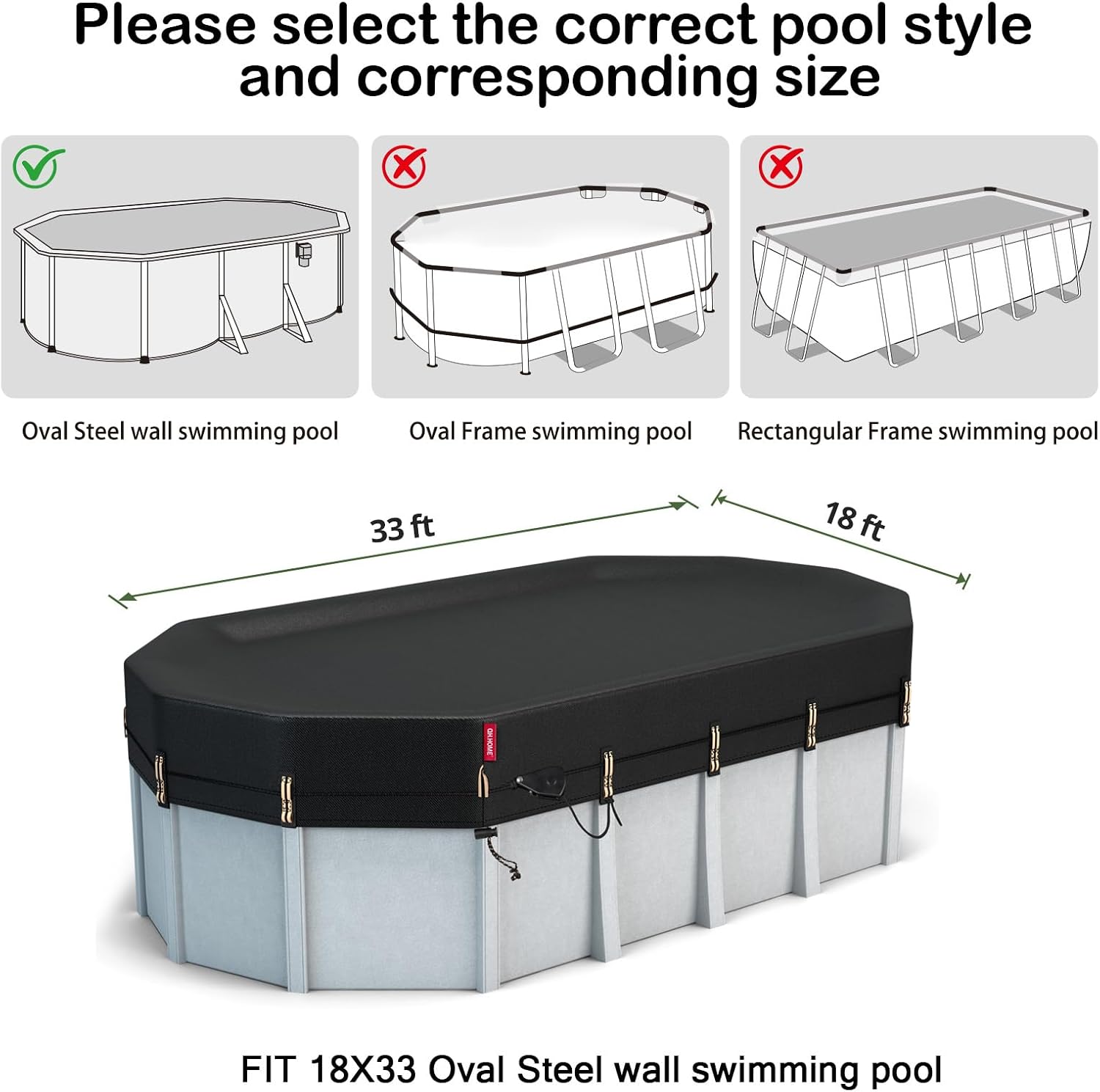 QH.HOME 18x33 Ft Oval Pool Cover for Steel Wall Pool,[Ultimate Windproof & Tear-Resistant Fabric],Snug Fit with Patented Ratchet & Weight Rings, Blocks Leaves &Waterproof