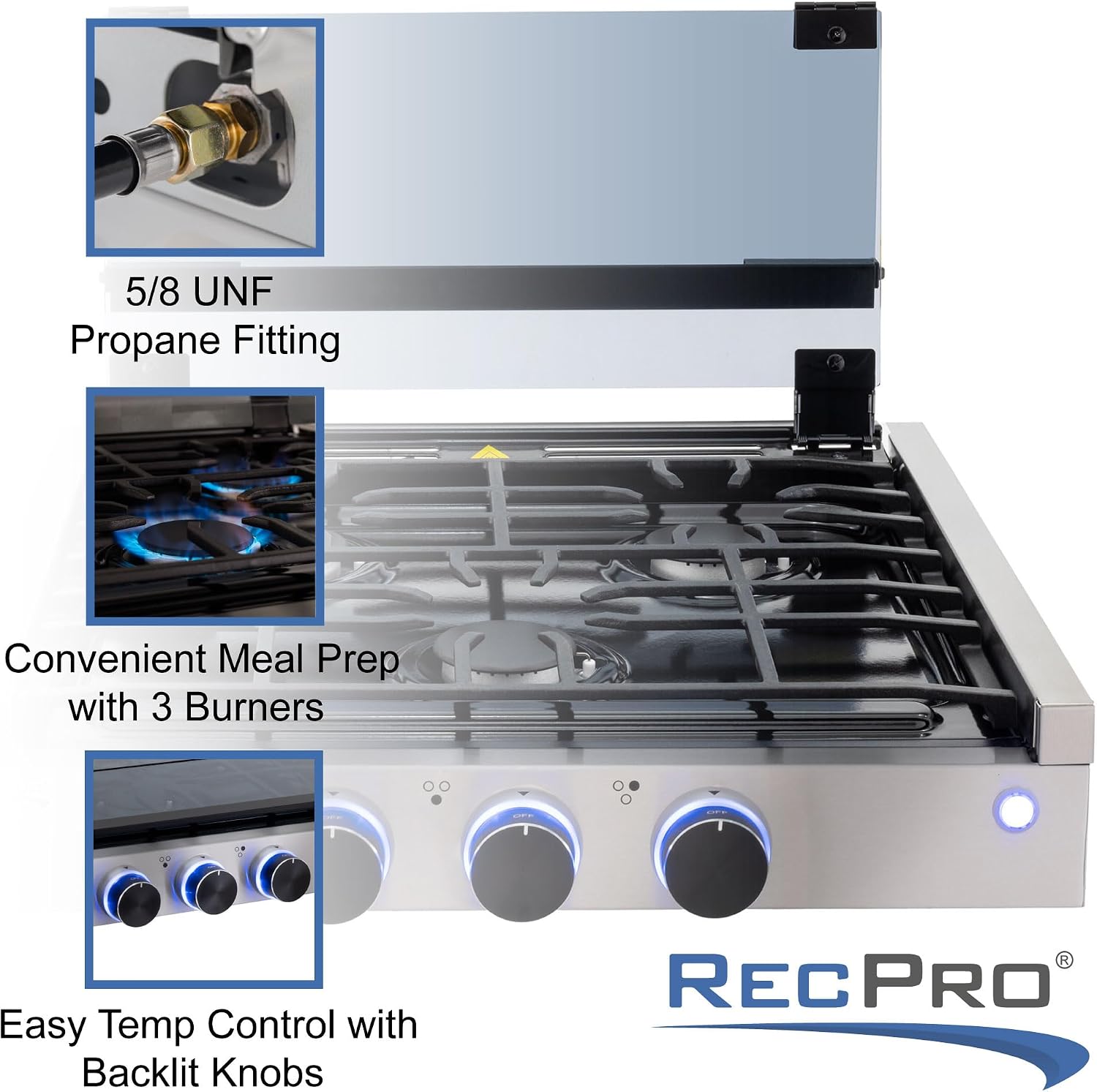 RecPro RV Built In Gas Cooktop | 2 Burner or 3 Burner | RV Cooktop Stove | 6,500 and 8,000 BTU Burners | Cover Included (Stainless Steel, 3-Burner)