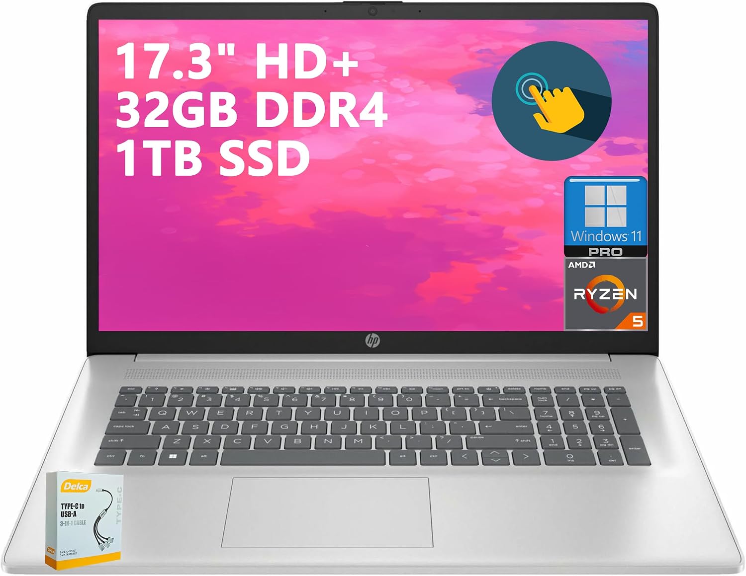 HP 17 Business Laptop | 17.3' HD+ Touchscreen | AMD 6-Core Ryzen 5 7430U (> i7-1255U) | 32GB DDR4 1TB SSD | Privacy Camera Type-C Fast Charge Long-Lasting Battery Win11 Pro w/DLCA Accessory