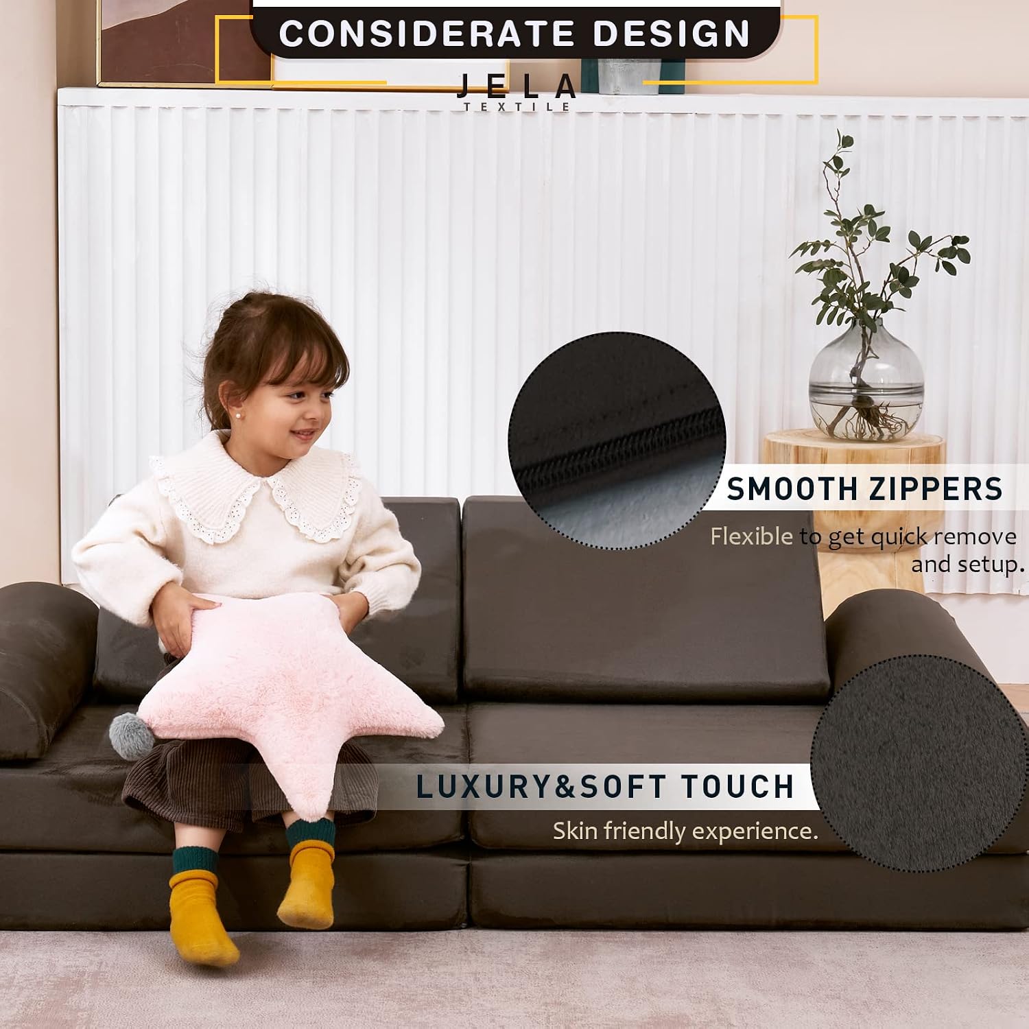 jela Kids Couch Safety Certified Play Couch Soft Kids Sofa with Machine Washable Cover Thick Foam Fort Building Set for Playroom Indoor (57'x28'x18', Charcoal)