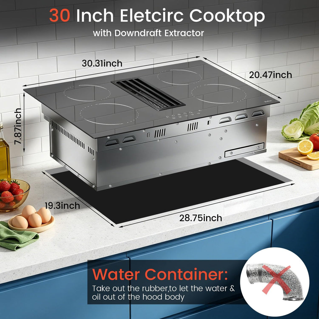 Hobsir Electric Cooktop 30 Inch with Downdraft, 4 Burner Radiant Cook top 6000W, Ductless Downdraft Electric Cooktop 496m³/h, 30' Stove Top with 9 Power Level, Timer, Safety Lock, 220V