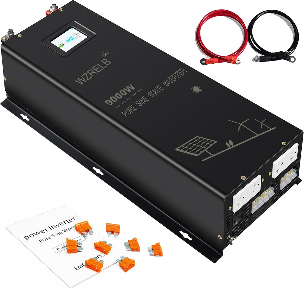 WZRELB 9000W 24V Pure Sine Wave Inverter,24 Volt DC to AC 120V 240V Split Phase Power Inverter,2*AC Hardwire Terminal,18KW Surge,High Efficiency up to 91.6% with LCD Display
