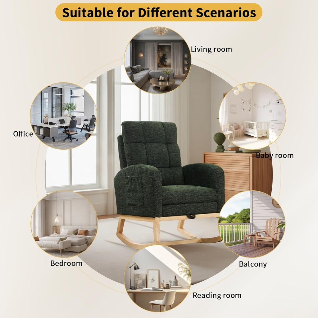 Rosevera Nursery Rocking Chair with Adjustable Footrest for Living Room - Teddy Fabric, Solid Wooden Legs, Comfortable Lounge Armchair with High Backrest and Side Pockets (Modern, Dark Green)