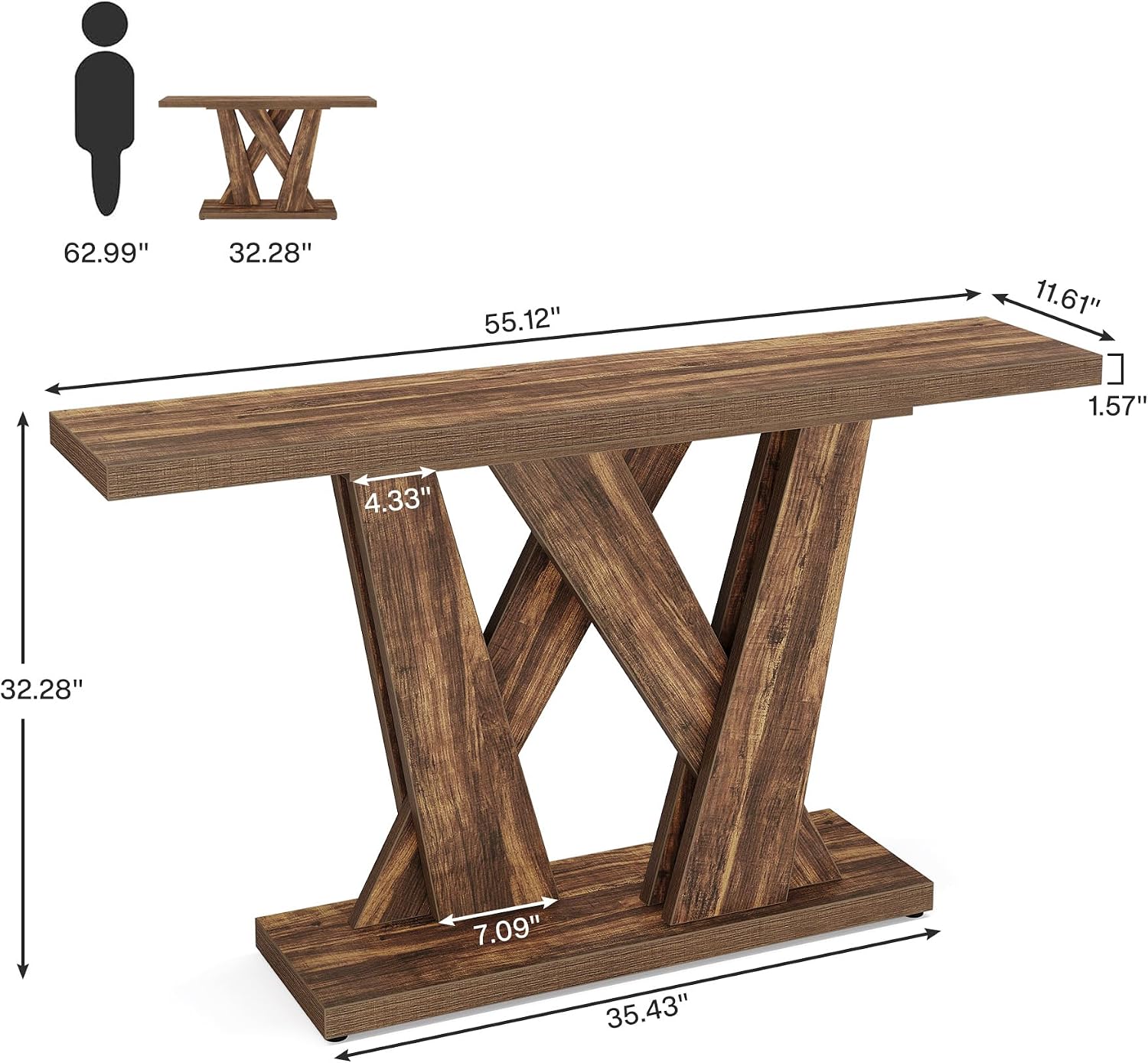 Tribesigns 55-Inch Farmhouse Console Table, Farmhouse Behind The Couch Table TV Stand with Geometric Base, Skinny Sofa Table Entryway Table for Entrance, Living Room, Hallway, Foyer, Rustic Brown