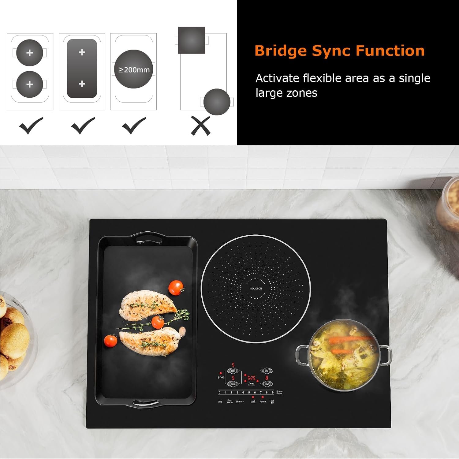 30 Inch Induction Cooktop 4 Burners, Flat Glass Top Electric Stove with Bridge-SYNC, 3 Preset Modes Booster, Timer, Pause, Child Lock, Drop in, 208~240V/40A, Black