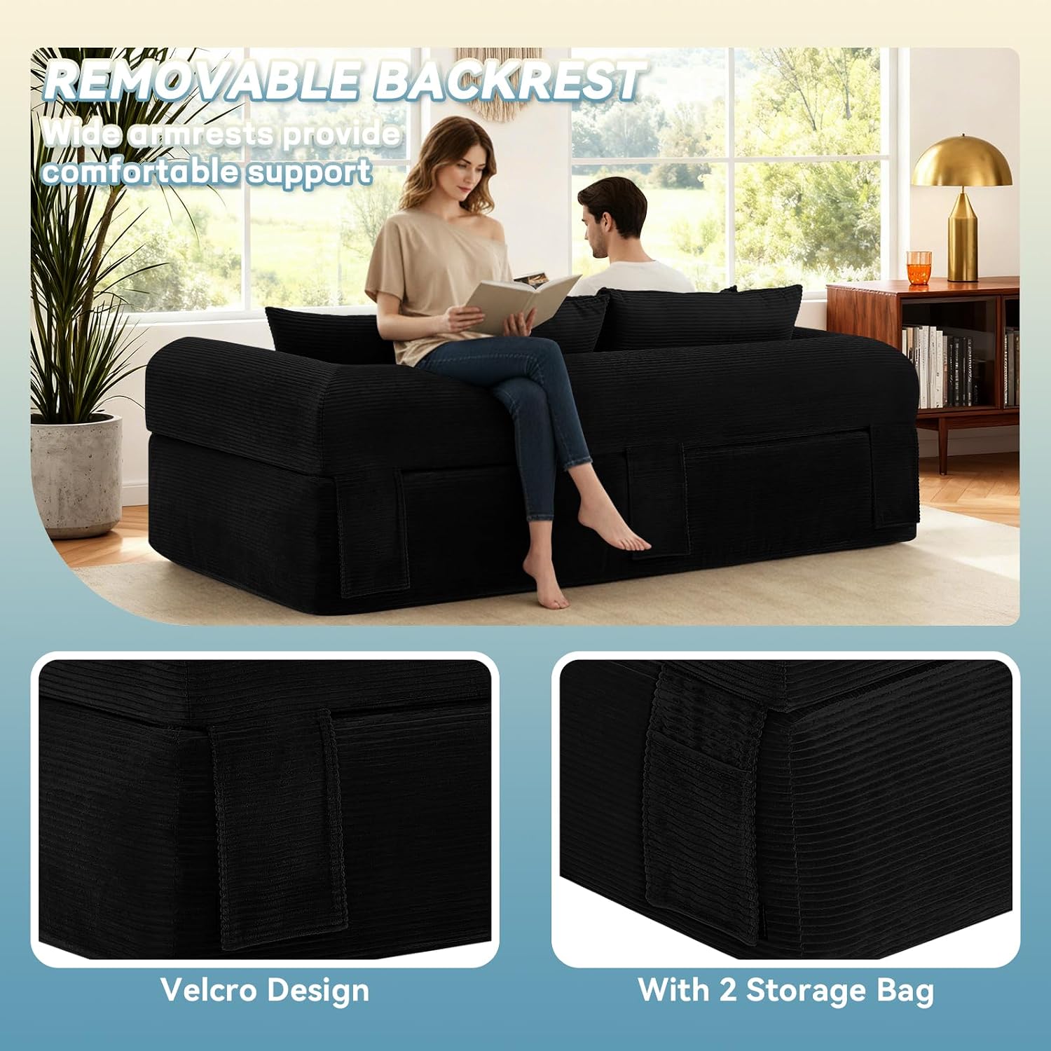 3 Seater Sofa Couch for Living Room, Black, 38' D | 4 Pillows