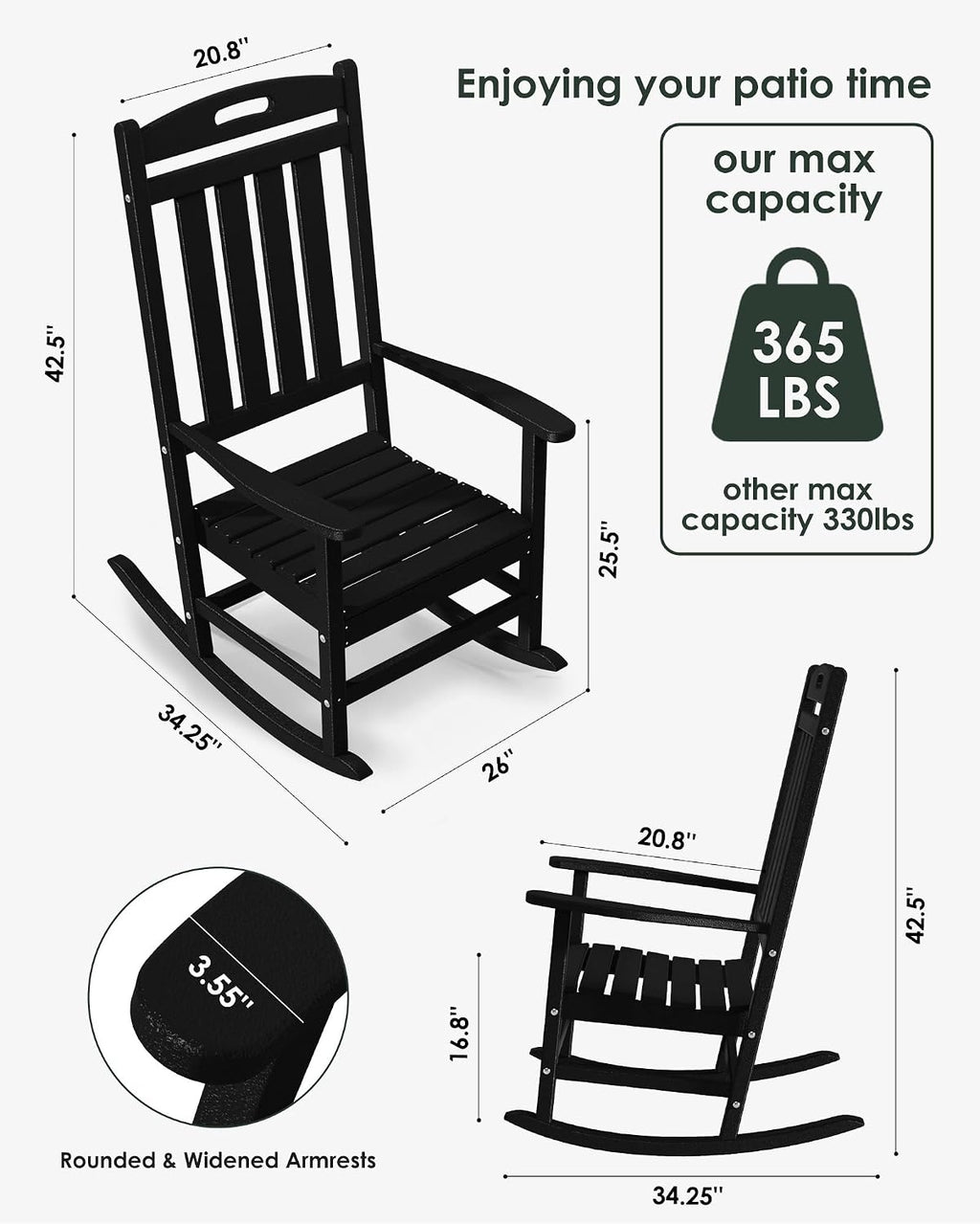 Outdoor Rocking Chair Set of 2, High Back Plastic Patio Rocking Chairs for Outside Porch Rocker Garden Lawn, All-Weather Resistant Poly Lumber Rocker Chair Outdoor, Aruba Blue