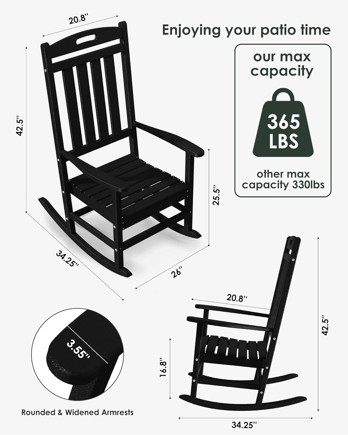 Outdoor Rocking Chair Set of 2, High Back Plastic Patio Rocking Chairs for Outside Porch Rocker Garden Lawn, All-Weather Resistant Poly Lumber Rocker Chair Outdoor, Lime