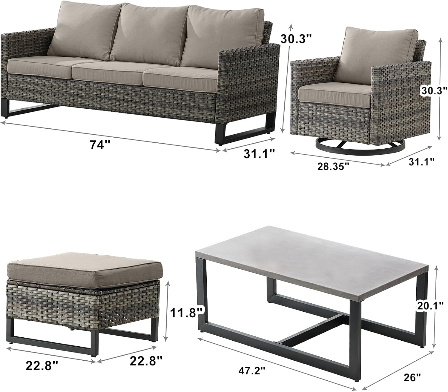 Wicker Outdoor Patio Furniture Set - 6 Piece Patio Conversation Set with 2 Swivel Rocker Chairs,2 Rattan Ottoman,1 Couch and 1 Metal Coffee Table for Outside Porch Deck Backyard(Mixed Grey/Grey)