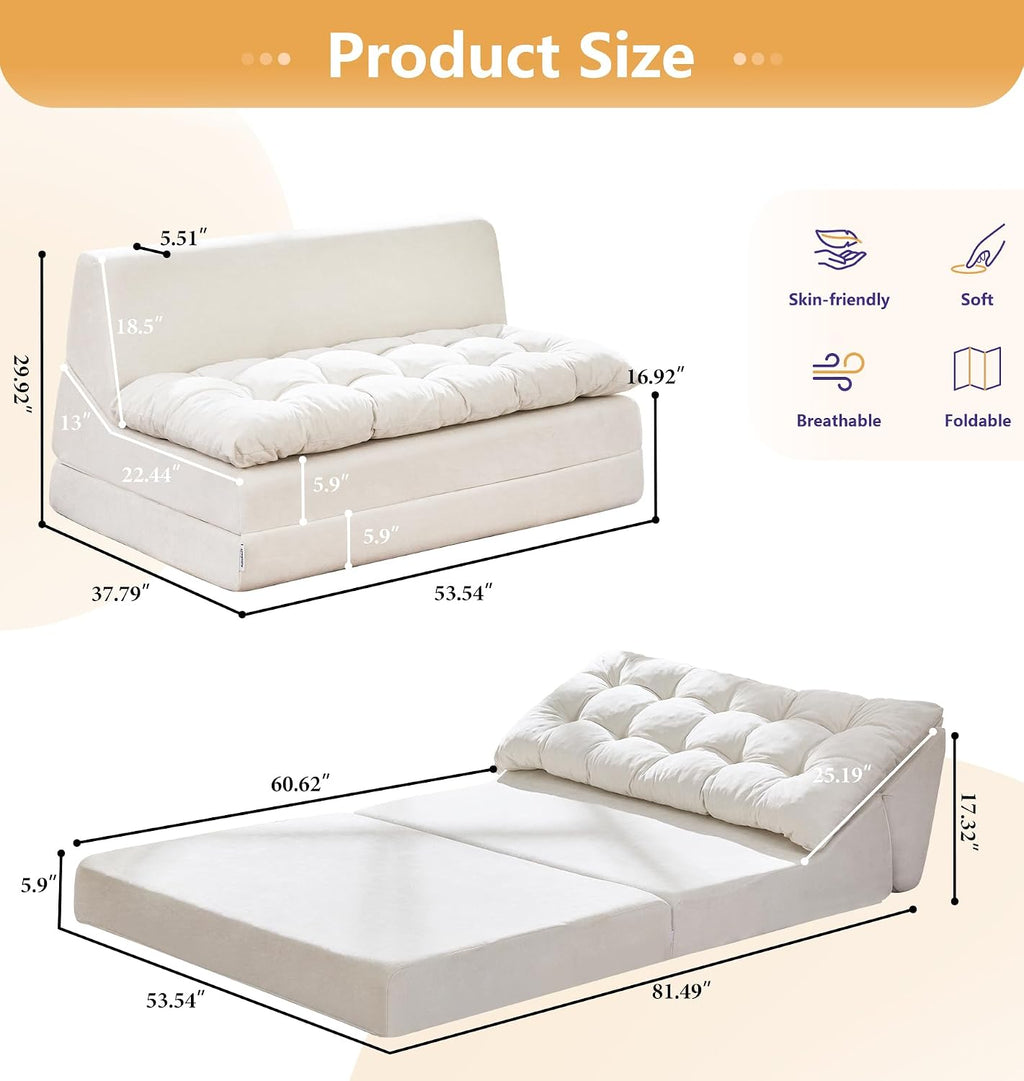 Hobestluk Sofa Couch Folding Sofa Bed Sleeper Comfy Floor Lounger Loveseat Sofa with Removable Cushion Couches Foldable Mattress for Living Room Bedroom or Office (Chenille Beige, Oversize)