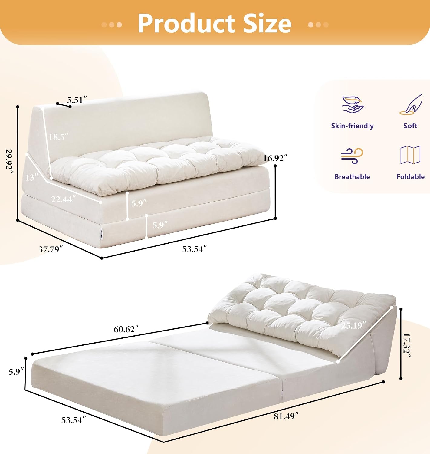 Hobestluk Sofa Couch Folding Sofa Bed Sleeper Comfy Floor Lounger Loveseat Sofa with Removable Cushion Couches Foldable Mattress for Living Room Bedroom or Office (Chenille Beige, Oversize)