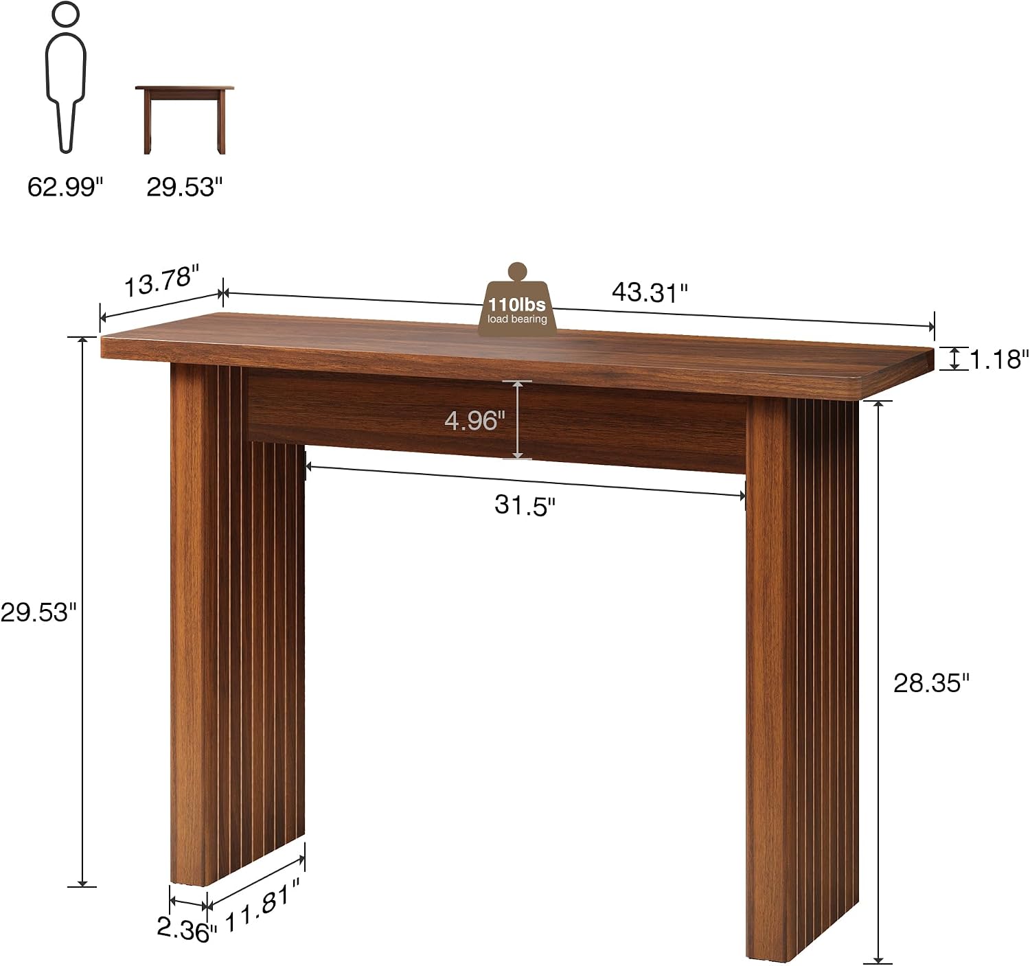 AVZEAR Mid Century Narrow Entryway Console Table, 43.3' Fluted Wood Couch Table Behind Sofa Long and Skinny for Living Room Hallway Entrance Foyer, Walnut