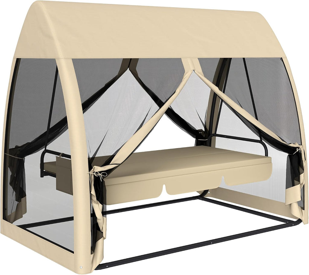Outsunny 3-Seat Patio Swing Chair, Porch Swing Bed with Convertible Backrest, Cushion, Canopy, Side Pocket and Mesh Netting for Patio, Garden, Backyard, Coffee