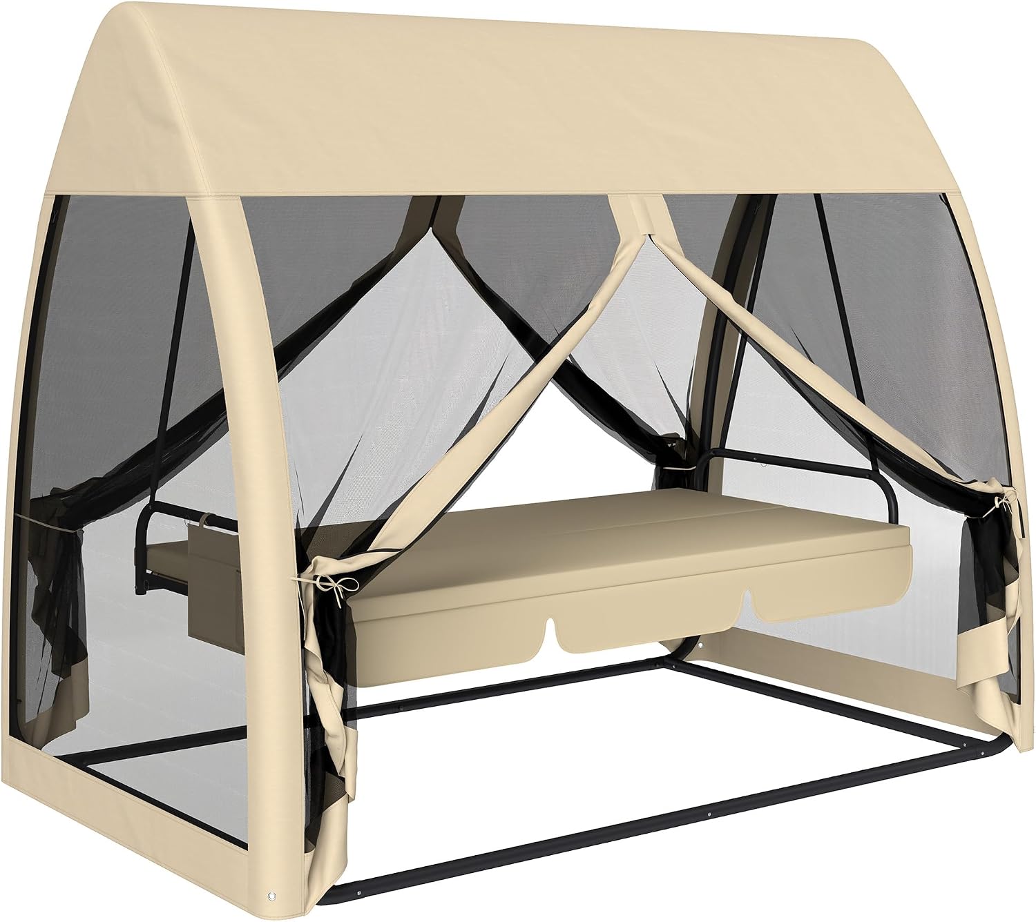 Outsunny 3-Seat Patio Swing Chair, Porch Swing Bed with Convertible Backrest, Cushion, Canopy, Side Pocket and Mesh Netting for Patio, Garden, Backyard, Coffee